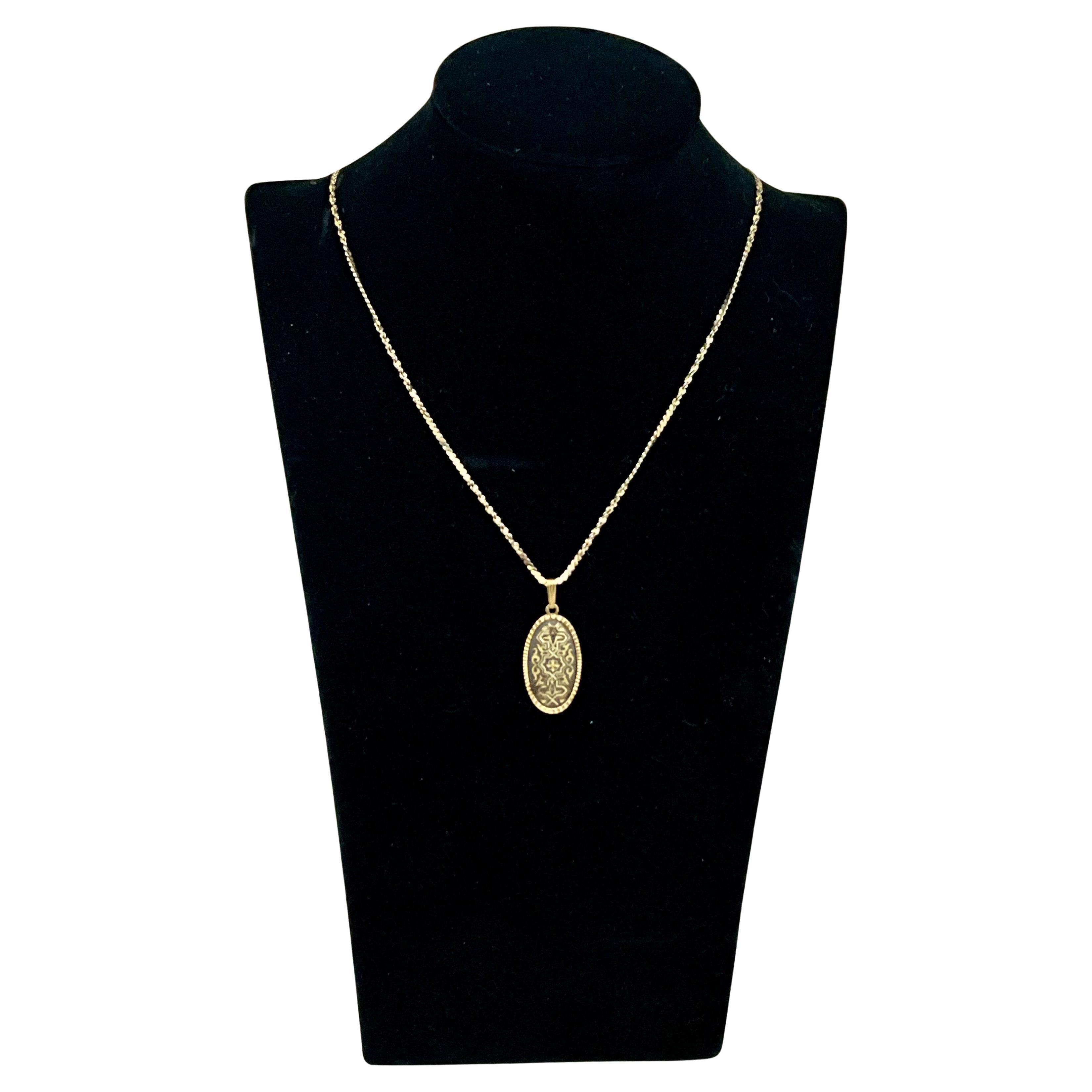 Vintage Damascene Oval Necklace For Sale
