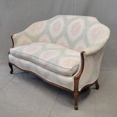 Vintage Damask French Loveseat With Down Cushion and Blush / Sage Upholstery
