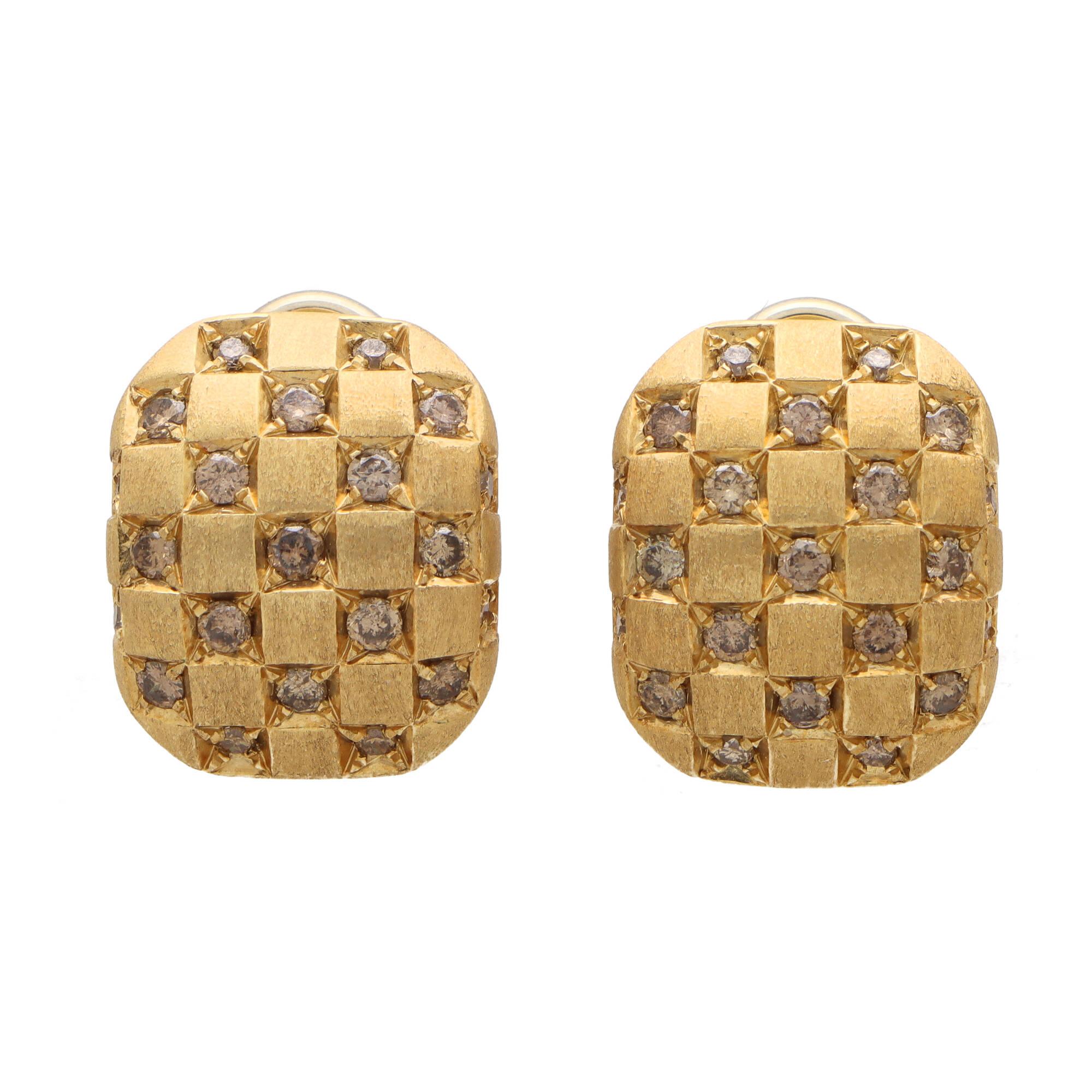 Modern Vintage Damiani Cognac Chequerboard Diamond Earrings in 18k Yellow Gold
