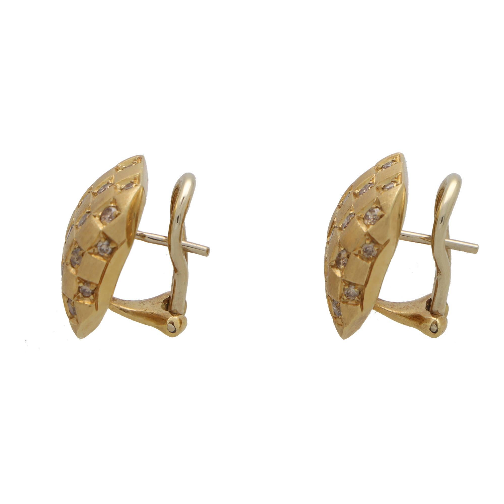 Round Cut Vintage Damiani Cognac Chequerboard Diamond Earrings in 18k Yellow Gold