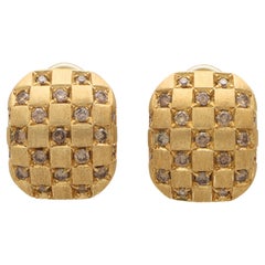 Vintage Damiani Cognac Chequerboard Diamond Earrings in 18k Yellow Gold