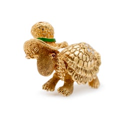 Vintage Dan Frere 14K Yellow Gold Whimsical Turtle Diamond Ruby Enamel Brooch