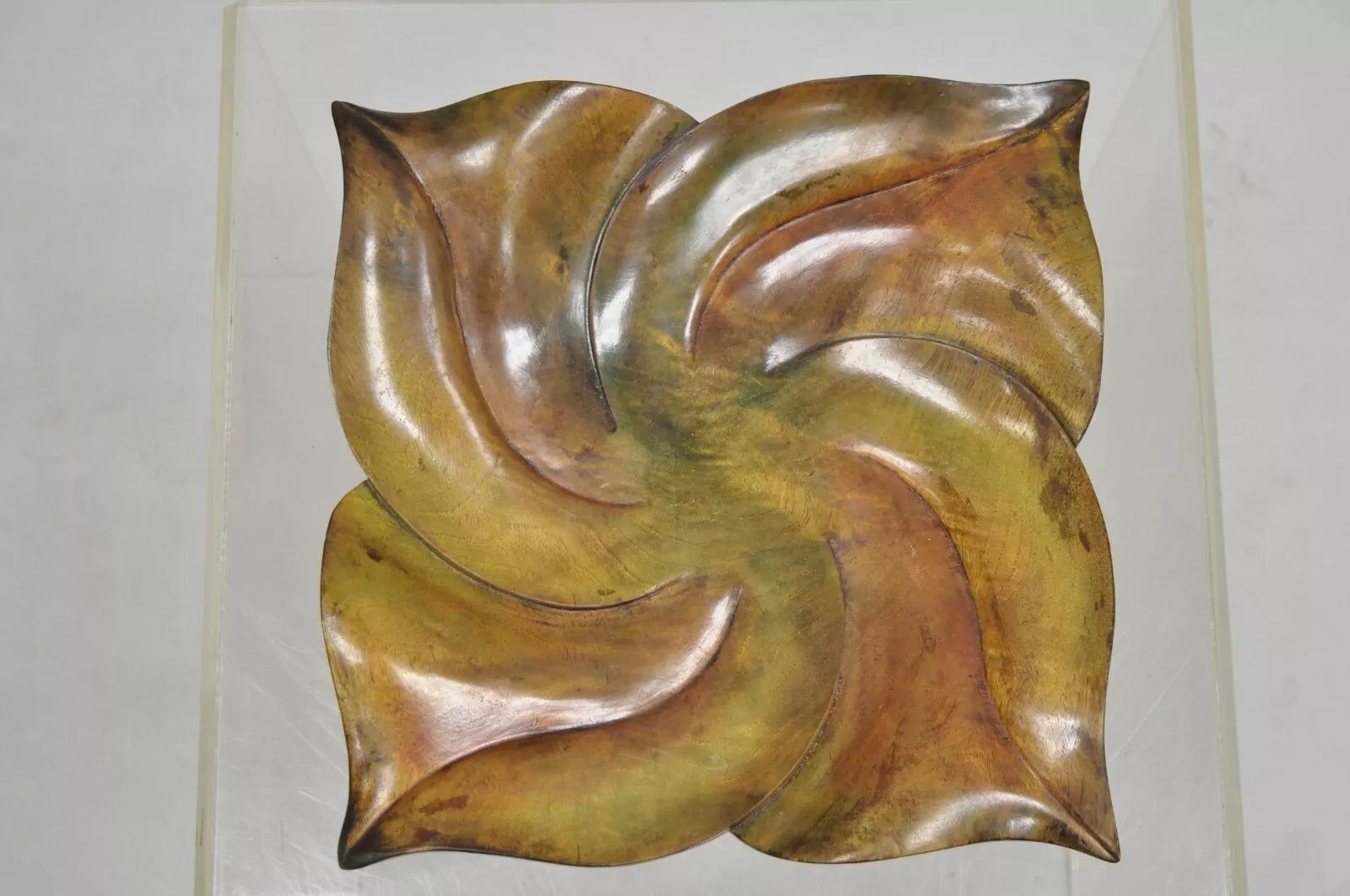 Vintage Dan Karner Mid Century Modern Square Carved Wood Leaf Centerpiece Bowl For Sale 4