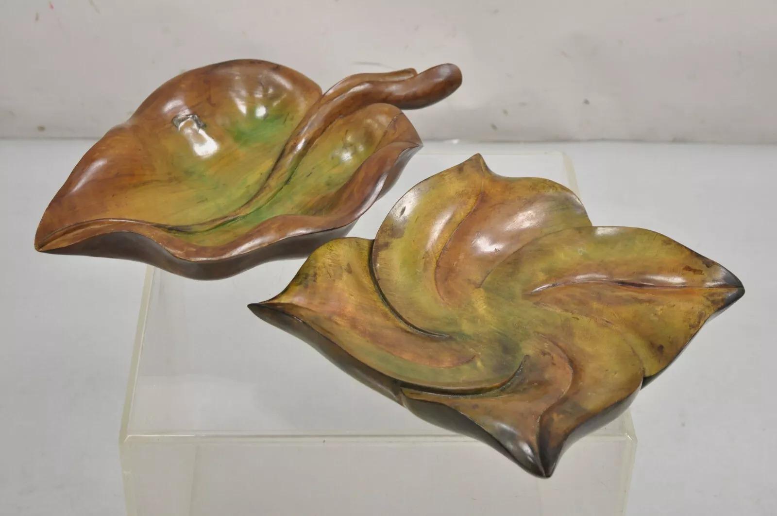 Vintage Dan Karner Mid Century Modern Square Carved Wood Leaf Centerpiece Bowl For Sale 5