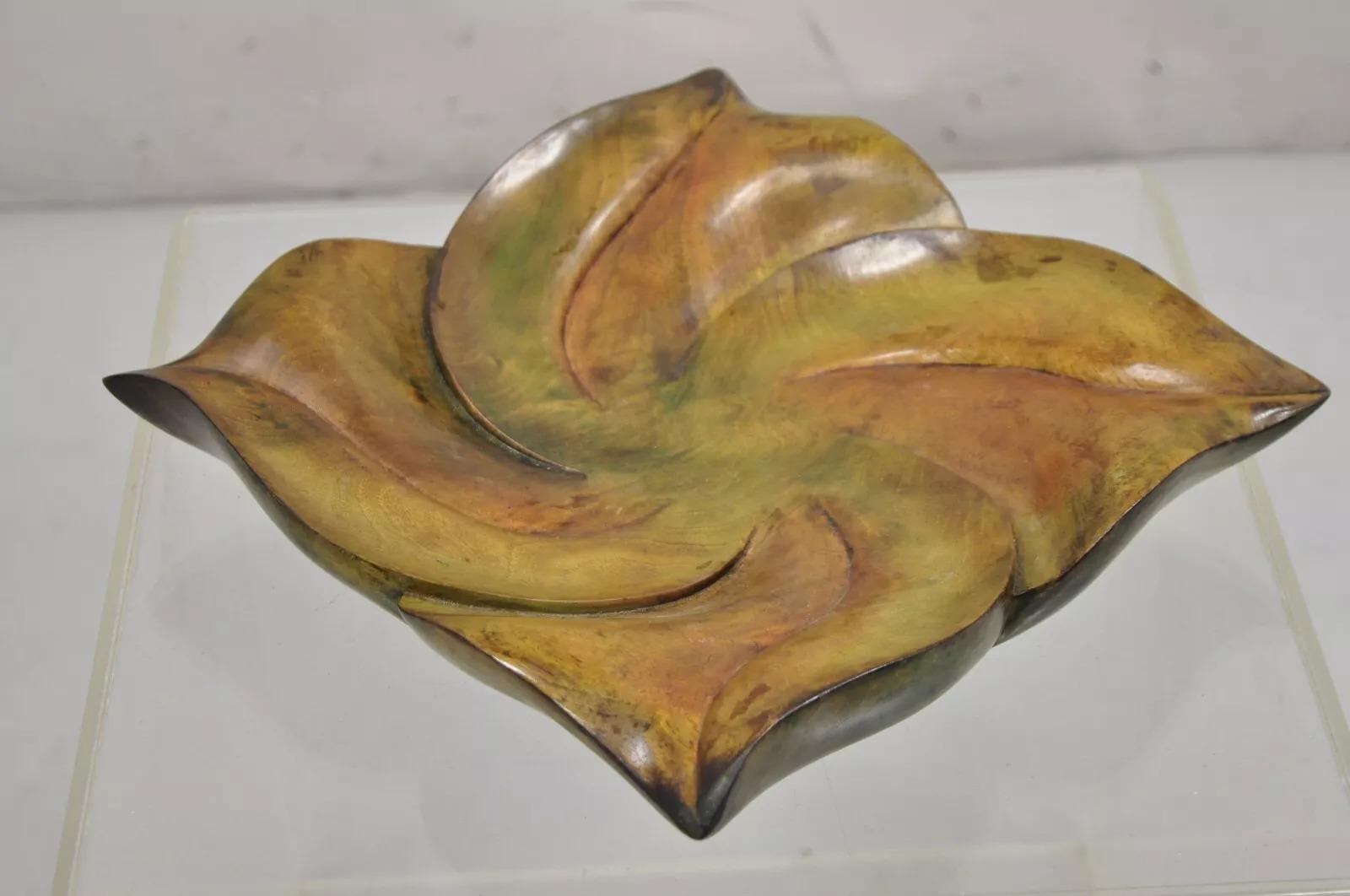 Vintage Dan Karner Mid Century Modern Square Carved Wood Leaf Centerpiece Bowl. Circa Late 20th Century. Measurements: 2.5