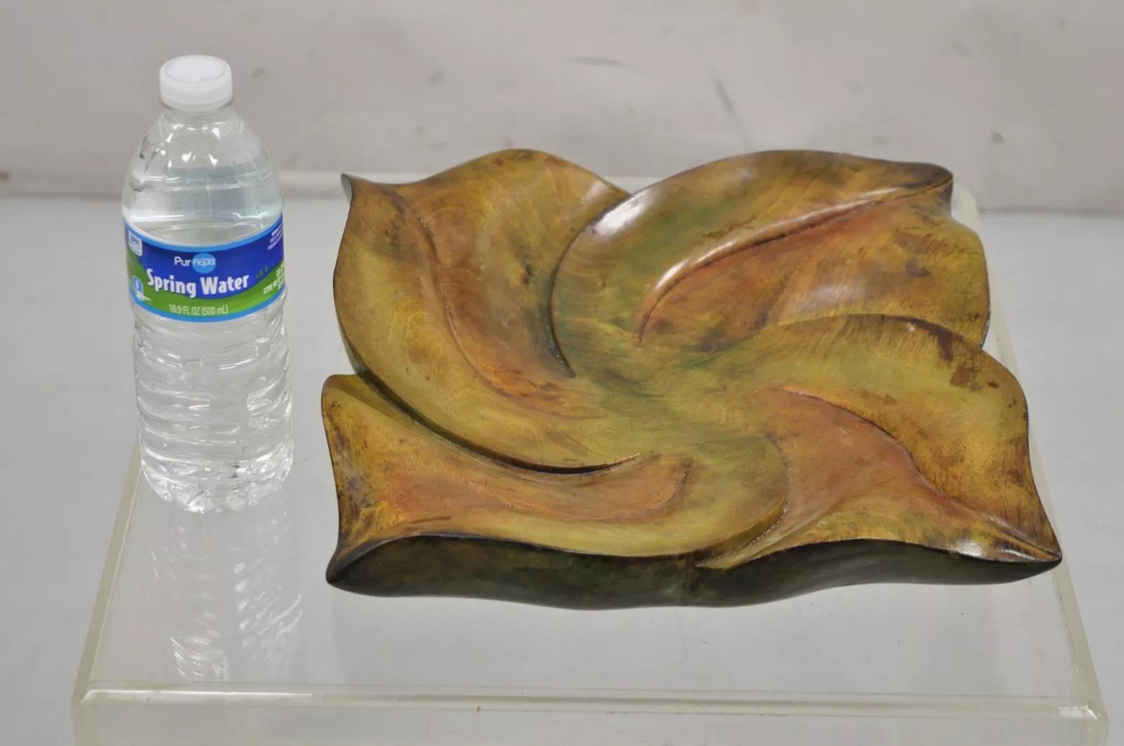 Vintage Dan Karner Mid Century Modern Square Carved Wood Leaf Centerpiece Bowl For Sale 3