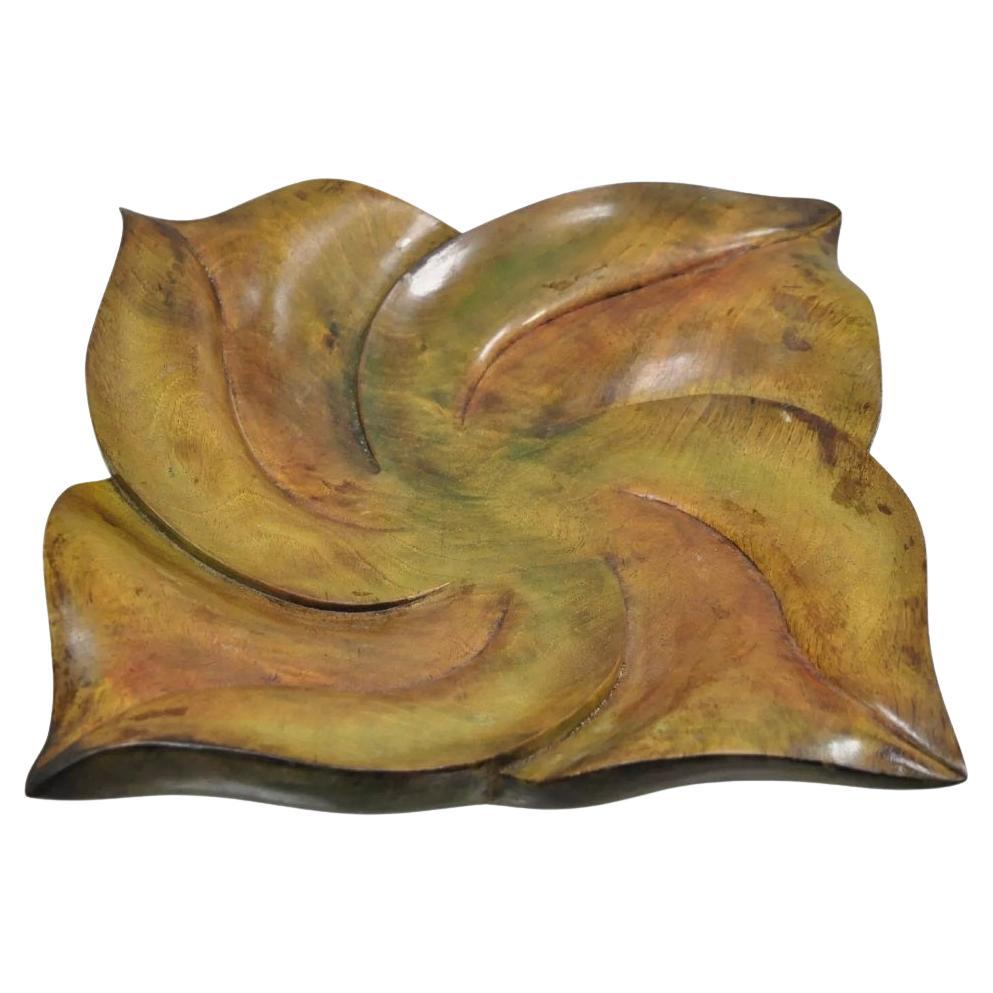 Vintage Dan Karner Mid Century Modern Square Carved Wood Leaf Centerpiece Bowl