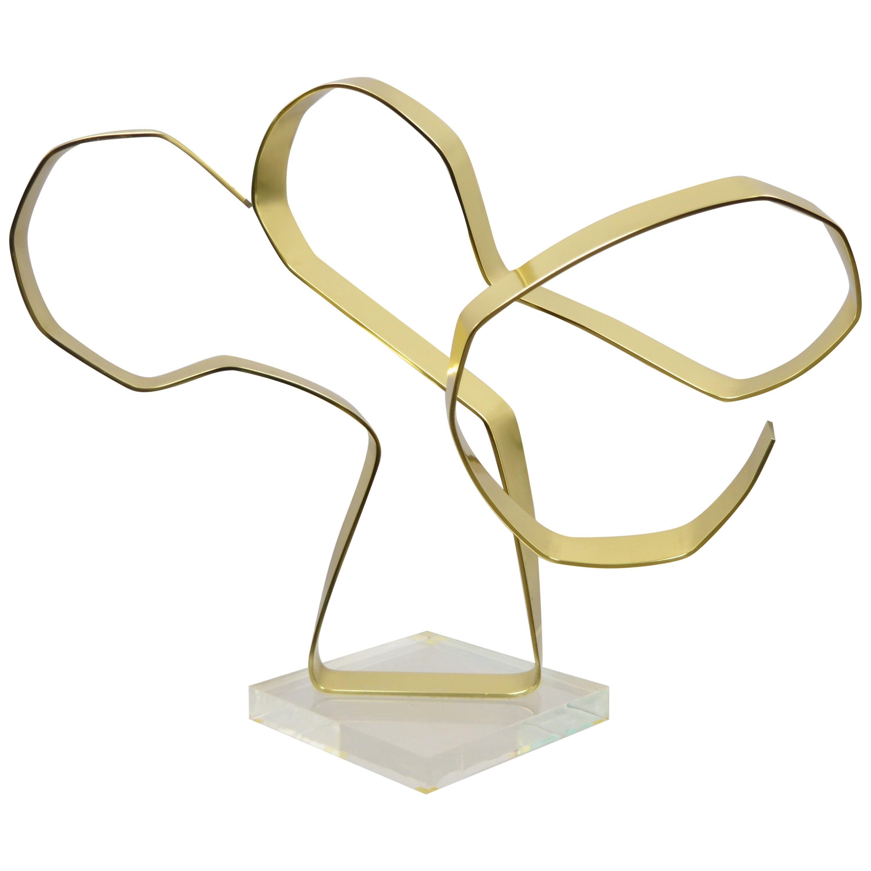 Vintage Dan Murphy 1976 Brass Ribbon Abstract Sculpture on Lucite Base, Signed