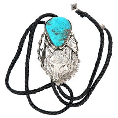 Vintage Dan Nieto Sterling Silver Turquoise Detailed Wolf Black Leather Bolo Tie
