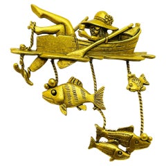 Vintage DANECRAFT signed gold tone boat swimming girl fishes designer brooch