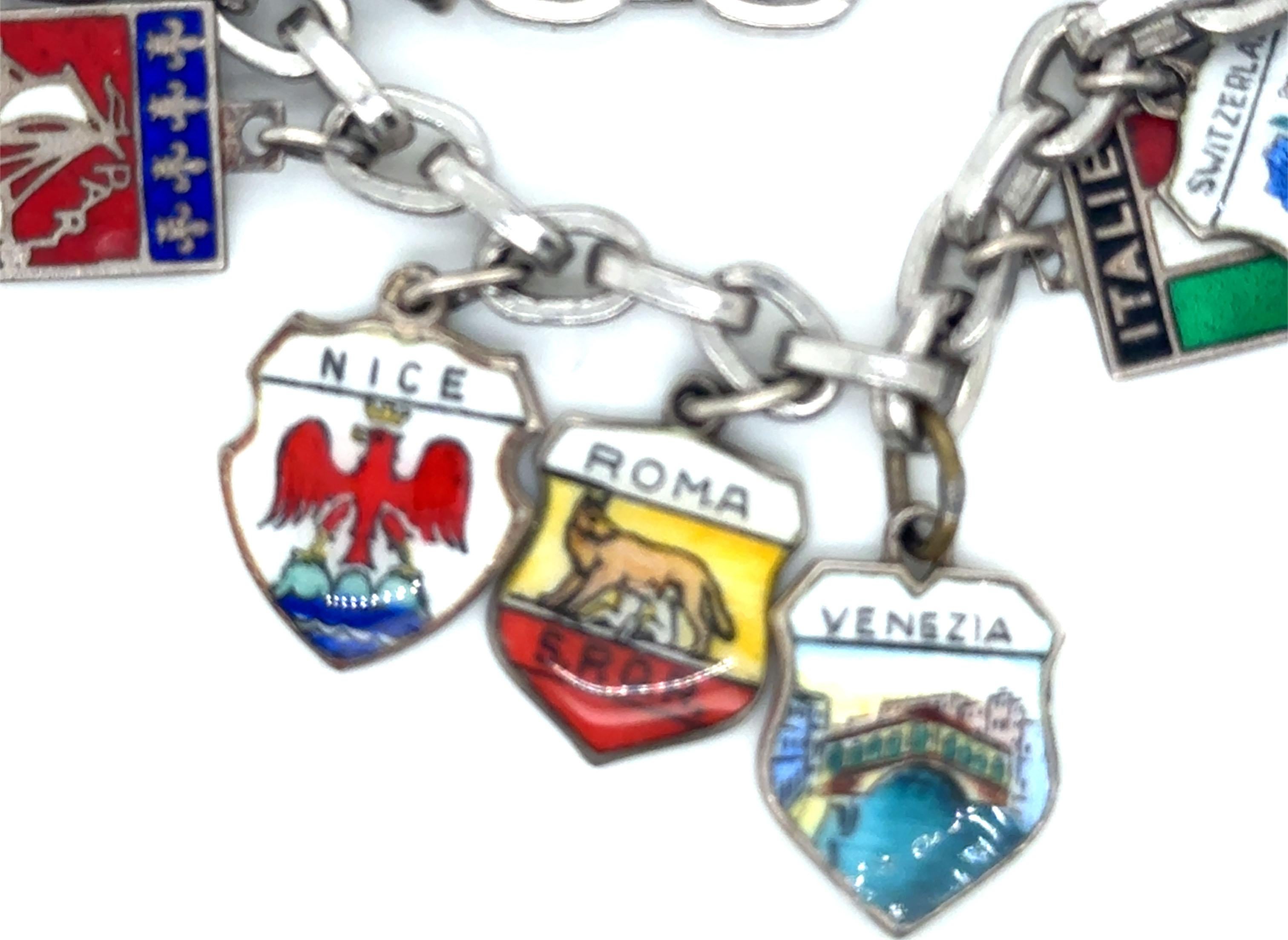 Femenino o masculino Vintage Danecraft Travel Enamel Charm Bracelet Sterling Silver Europe en venta