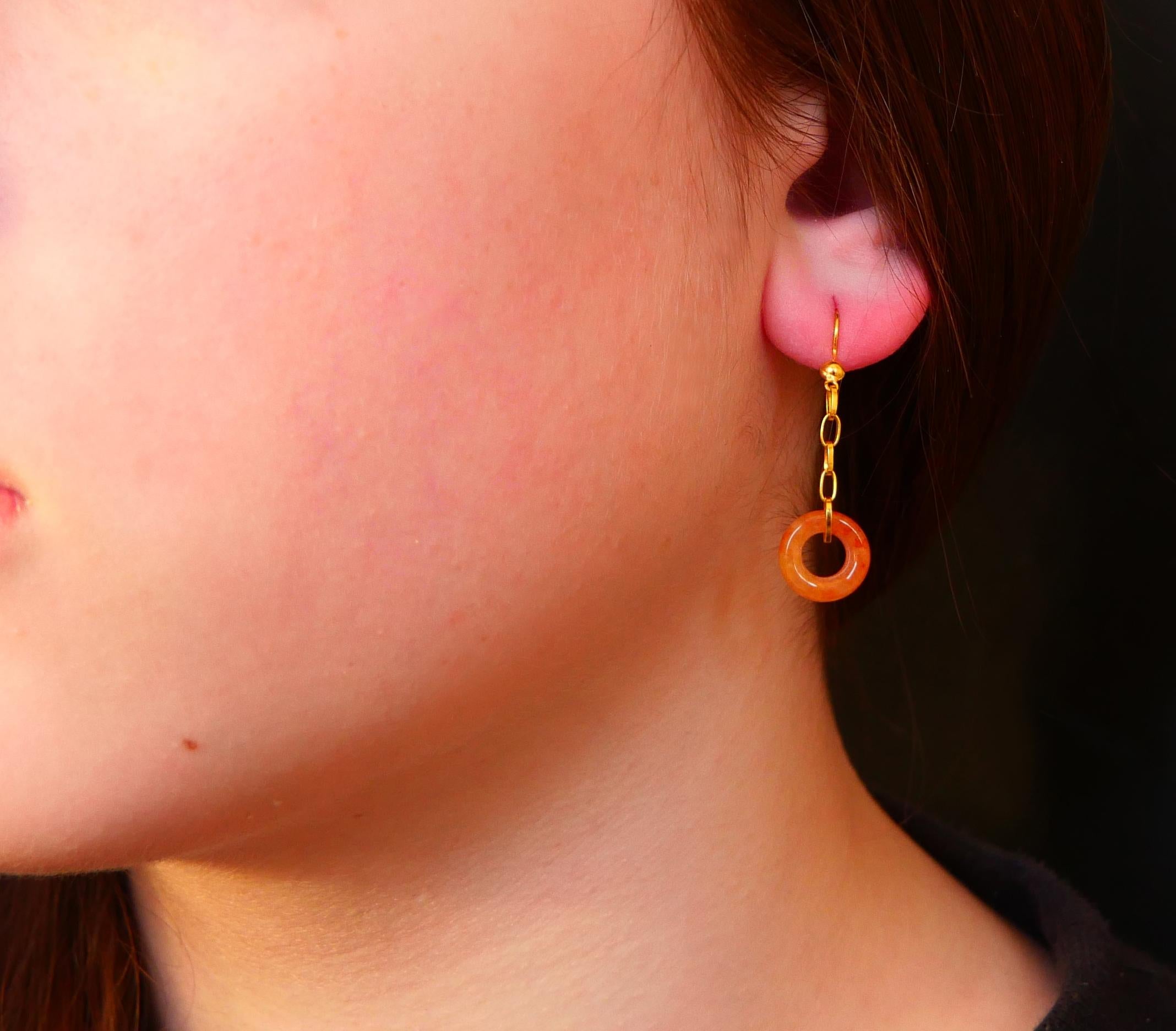 Vintage dangle Bagels Earrings Carnelian solid 18K Gold / 1.72 gr For Sale 4
