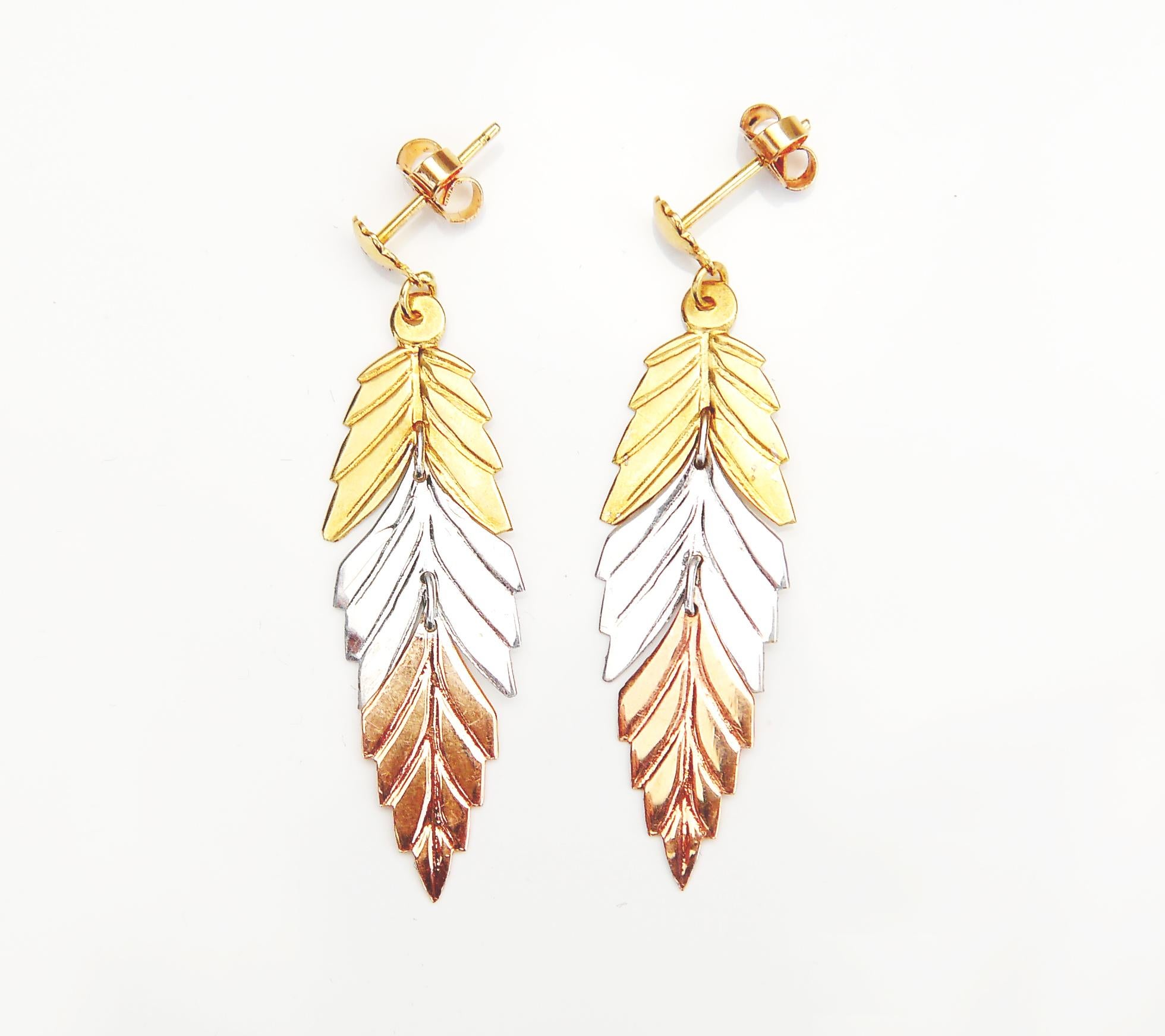 Vintage Dangle Earrings Leaves massiv 18K Gold Gelb Weiß Rot /4.5gr (Retro) im Angebot