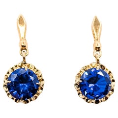 Vintage Dangle Earrings with Synthetic Sapphire in 14k Yellow Gold