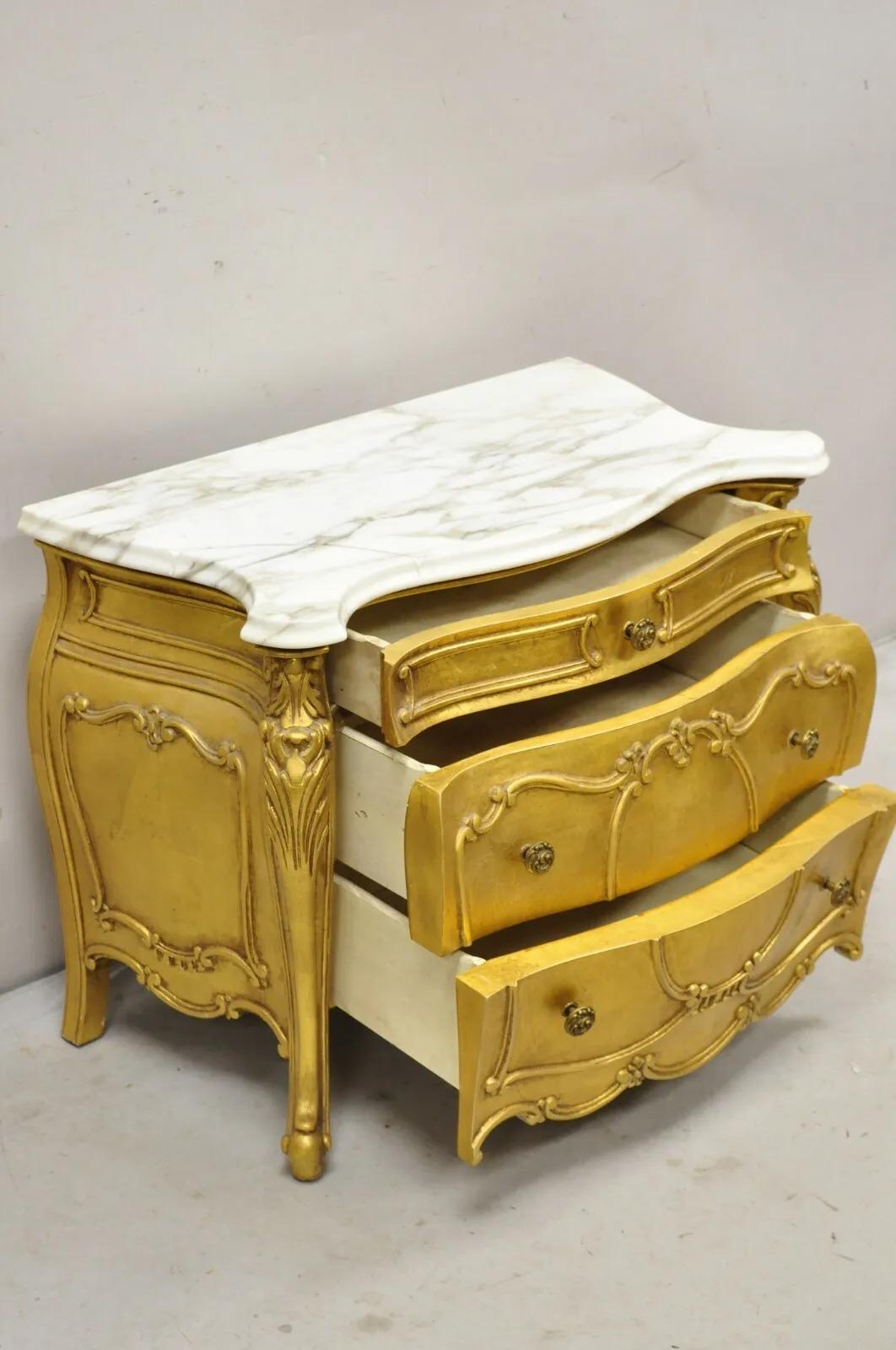Vintage Daniel Jones French Louis XV Style Gold Bombe Marble Top Nightstand For Sale 7