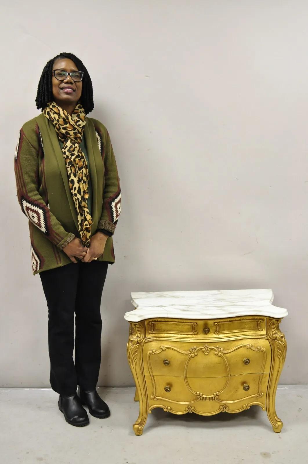 Vintage French Louis XV Style Gold Bombe Marble Top Nightstand by Daniel Jones. Item features a shapely marble top, three drawers, gold gilt finish, original label, great style and form. Mid 20th Century. Measurements: 22.5