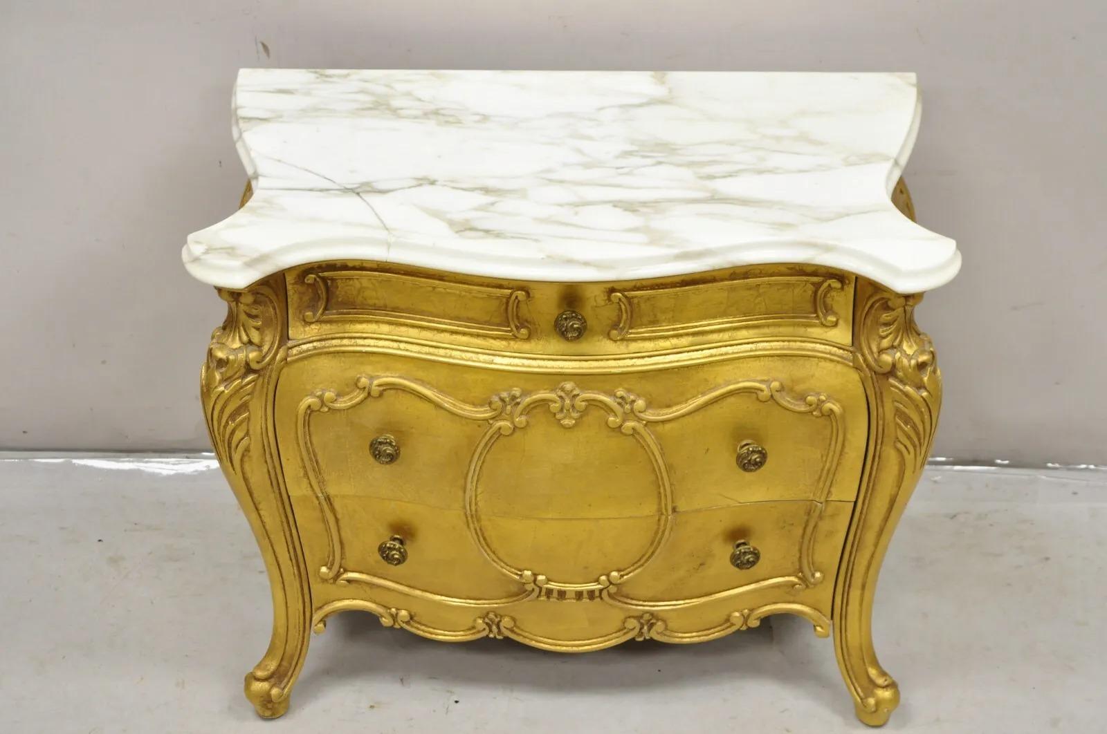Vintage Daniel Jones French Louis XV Style Gold Bombe Marble Top Nightstand In Good Condition For Sale In Philadelphia, PA