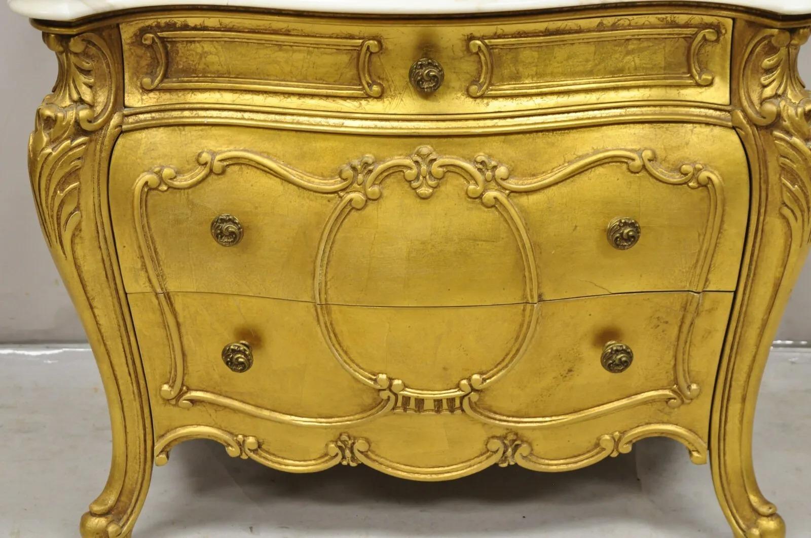 Vintage Daniel Jones French Louis XV Style Gold Bombe Marble Top Nightstand For Sale 1