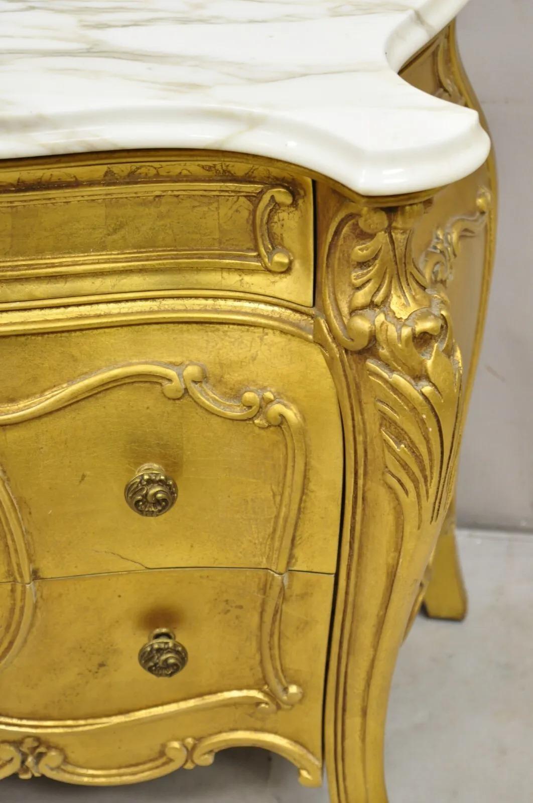 Vintage Daniel Jones French Louis XV Style Gold Bombe Marble Top Nightstand For Sale 4