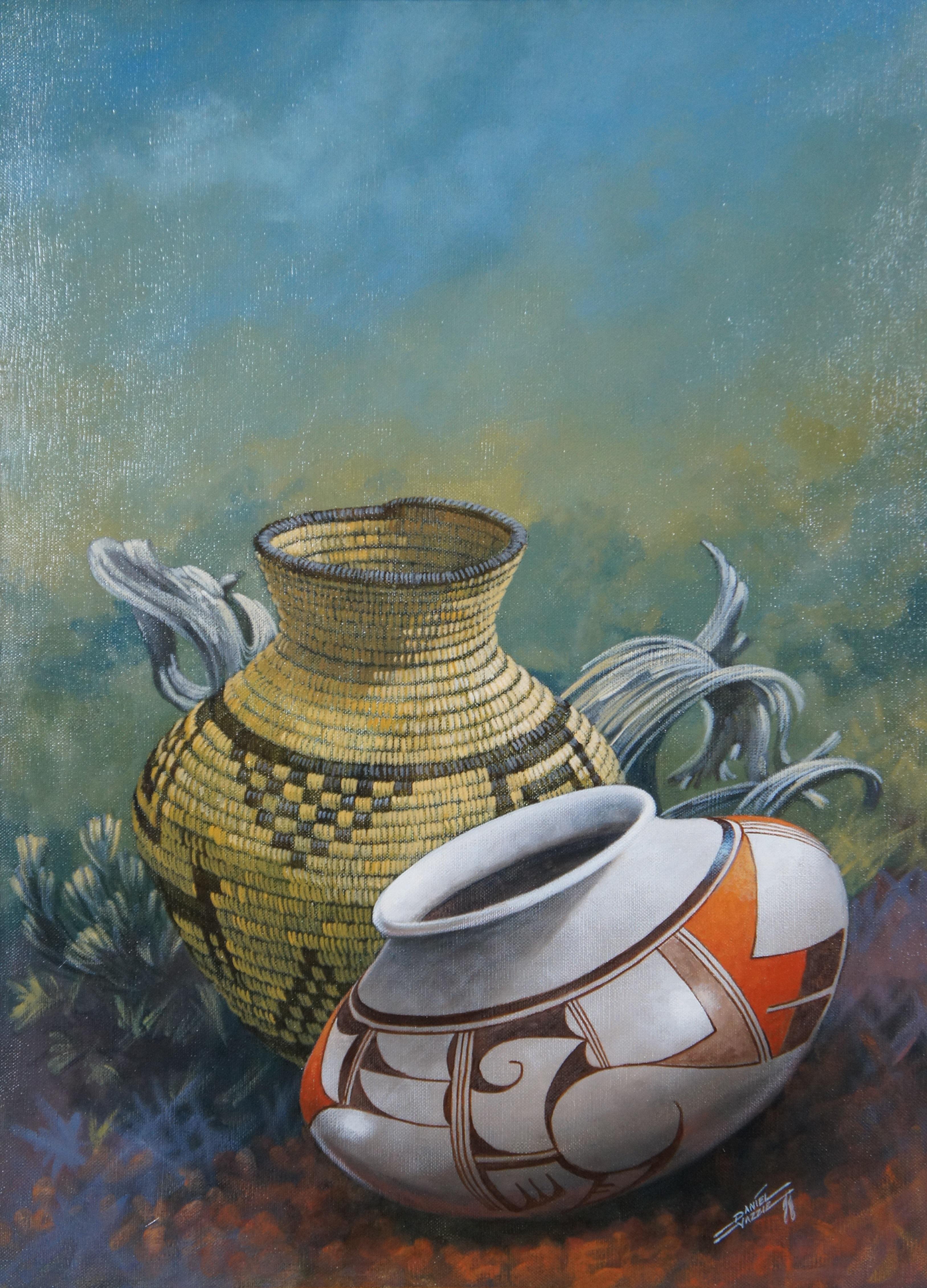 Vibrant oil on canvas still life painting by Daniel Yazzie, showing southwestern / Native American basket and pottery. Signed in lower right. Framed in light wood frame with raised bevel.

Daniel Yazzie (Navajo, 1954-2022)
