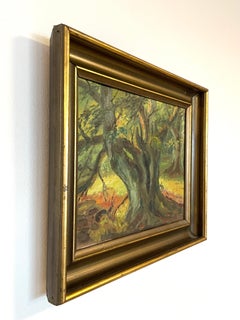 Vintage Danish 1930s landscape oil painting of forest scene with gnarled tree