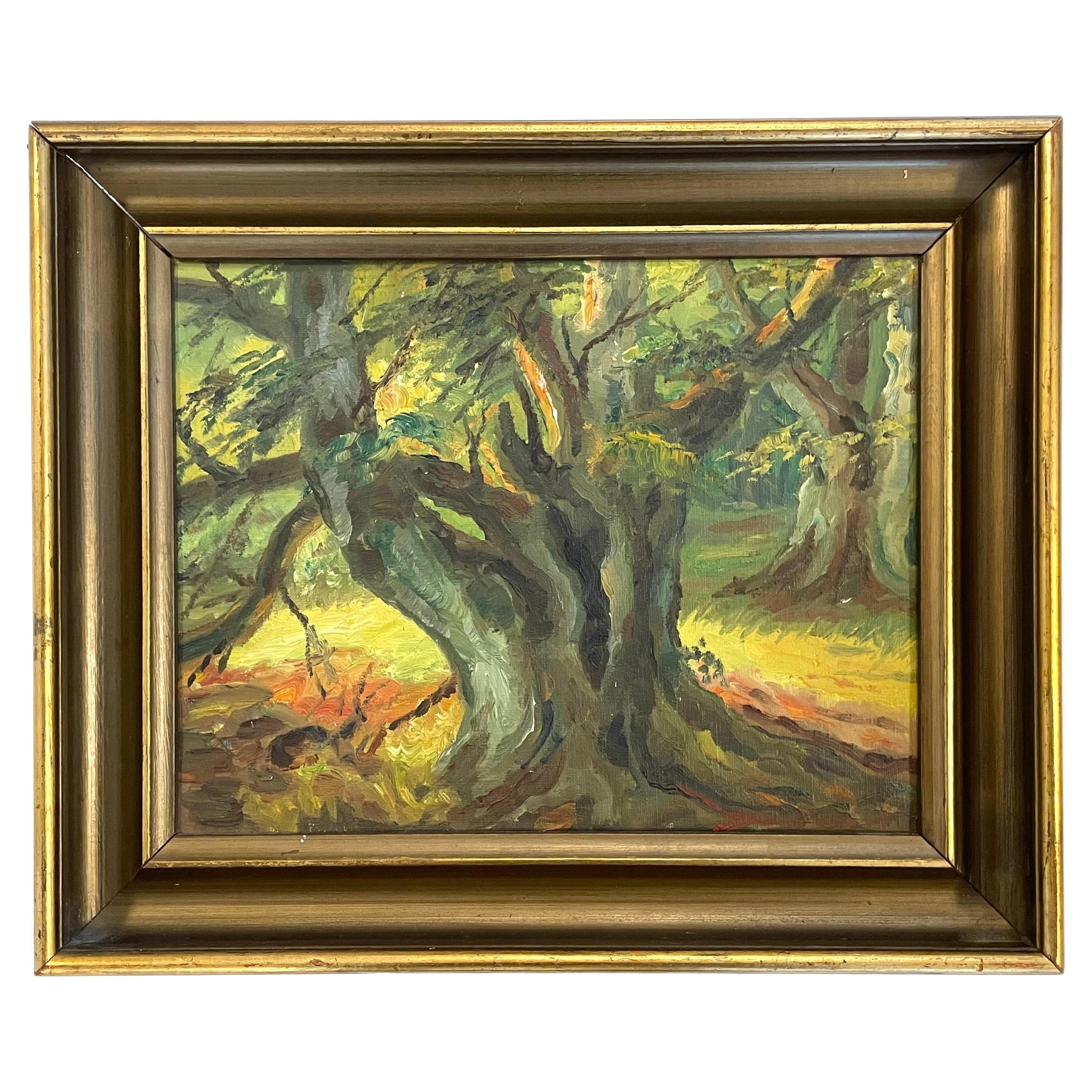 Vintage Danish 1930s landscape oil painting of forest scene with gnarled tree