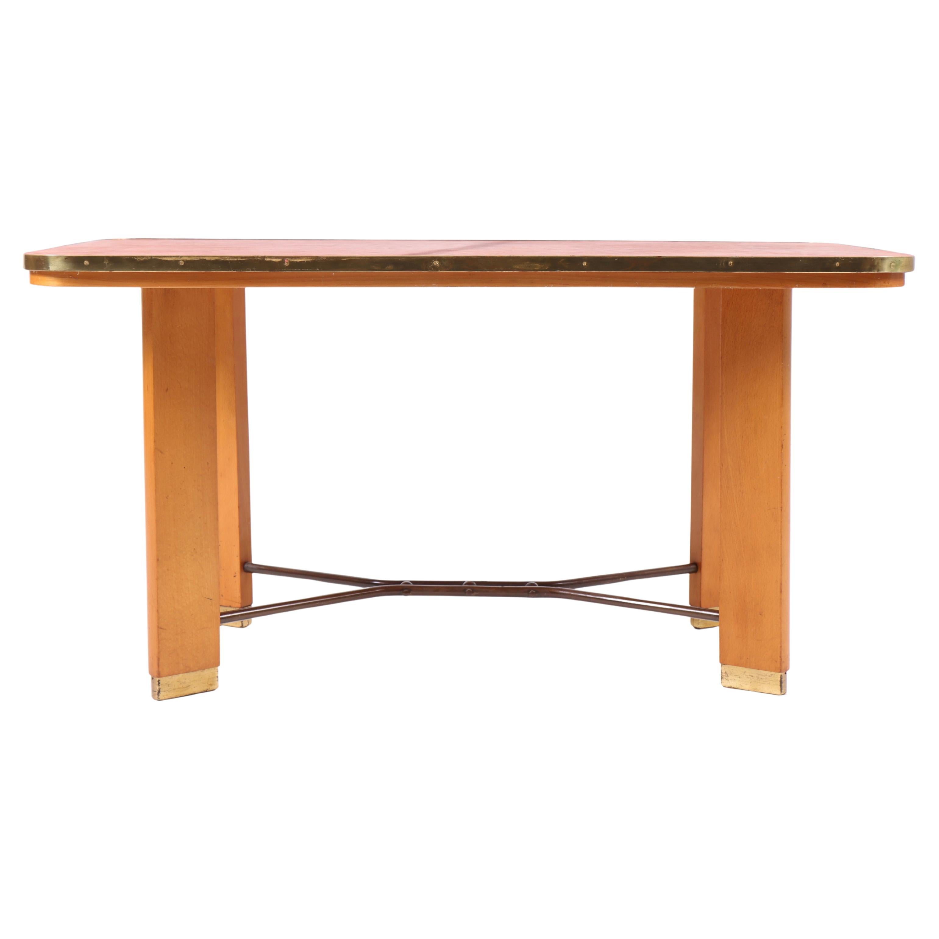 Vintage Danish 1950s Beech Wood Coffee Table with Patinated Leather and Brass