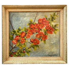 Vintage Danish 1950s oil painting of wild red flowers by Ingrid Slot (1888-1978)