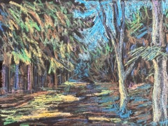 Vintage Danish 1960s pastel drawing of Tybrind Forest by Ewald Herrik