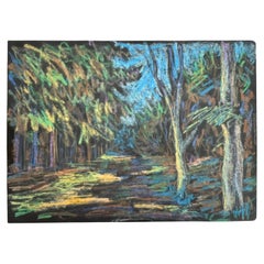 Vintage Danish 1960s pastel drawing of Tybrind Forest by Ewald Herrik