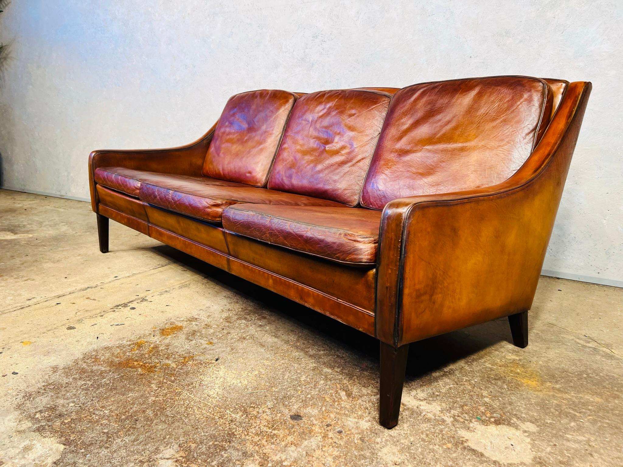 Vintage Danish 1970 s Patinated Tan Three Seater Leather Sofa #499 For Sale 3