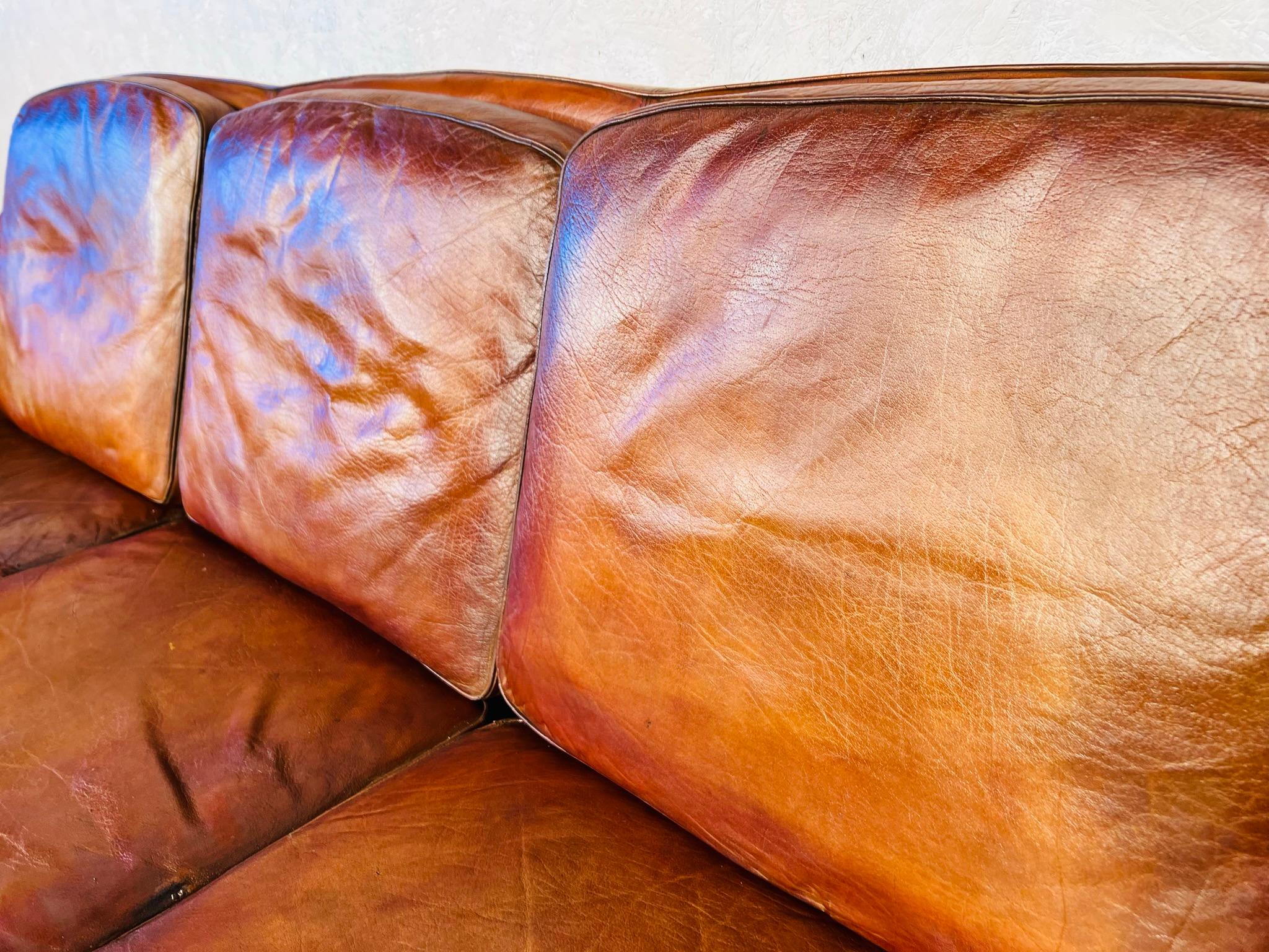 Vintage Danish 1970 s Patinated Tan Three Seater Leather Sofa #499 In Good Condition For Sale In Lewes, GB