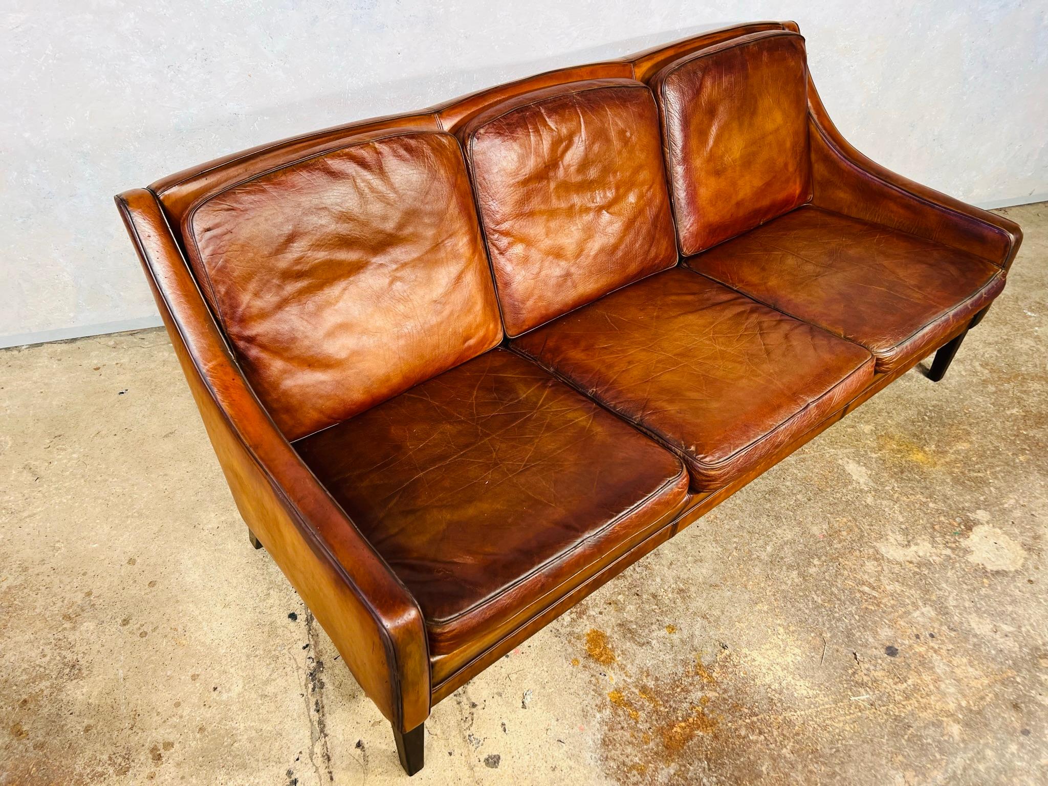 Vintage Danish 1970 s Patinated Tan Three Seater Leather Sofa #499 For Sale 1