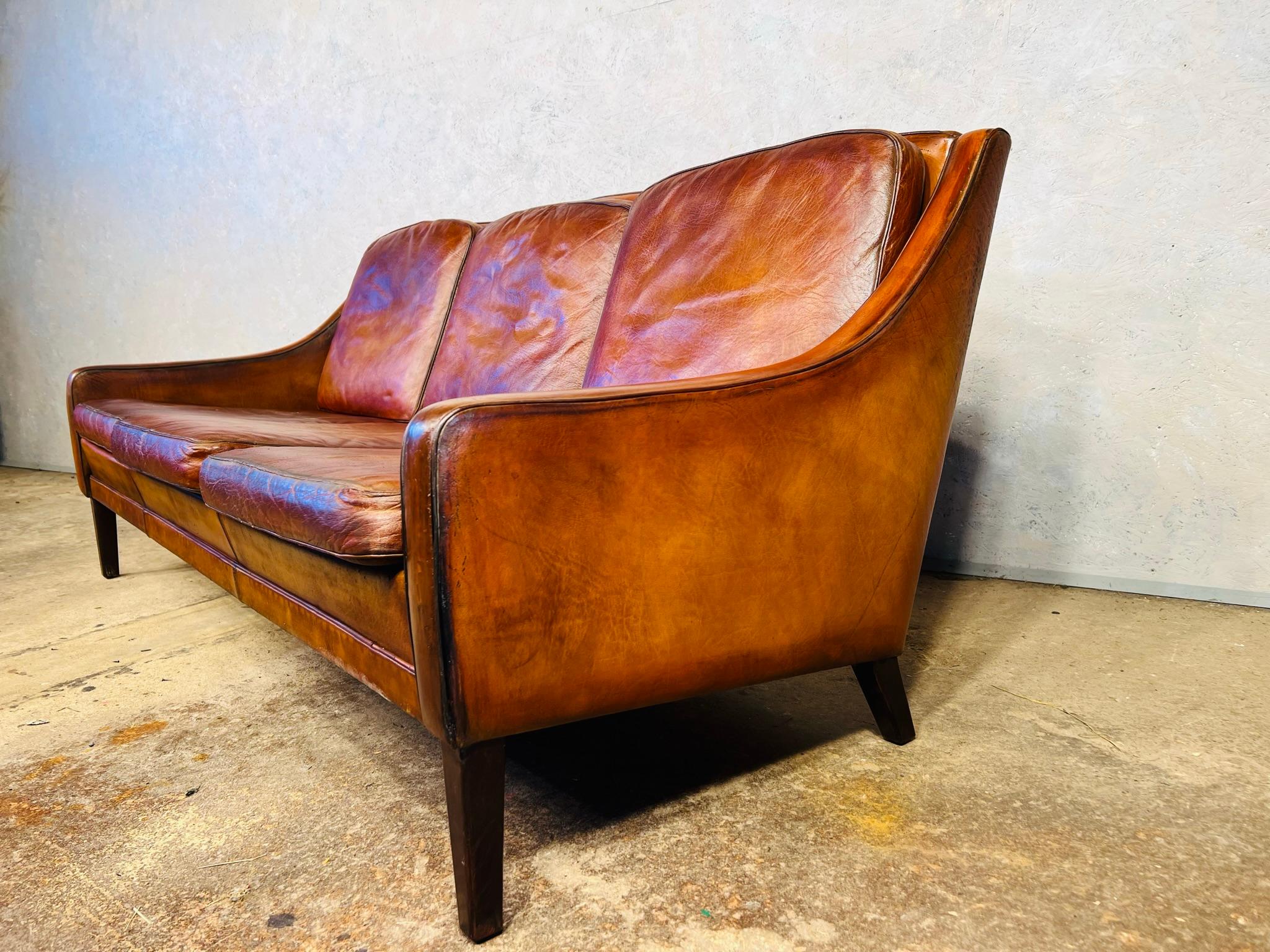 Vintage Danish 1970 s Patinated Tan Three Seater Leather Sofa #499 For Sale 2