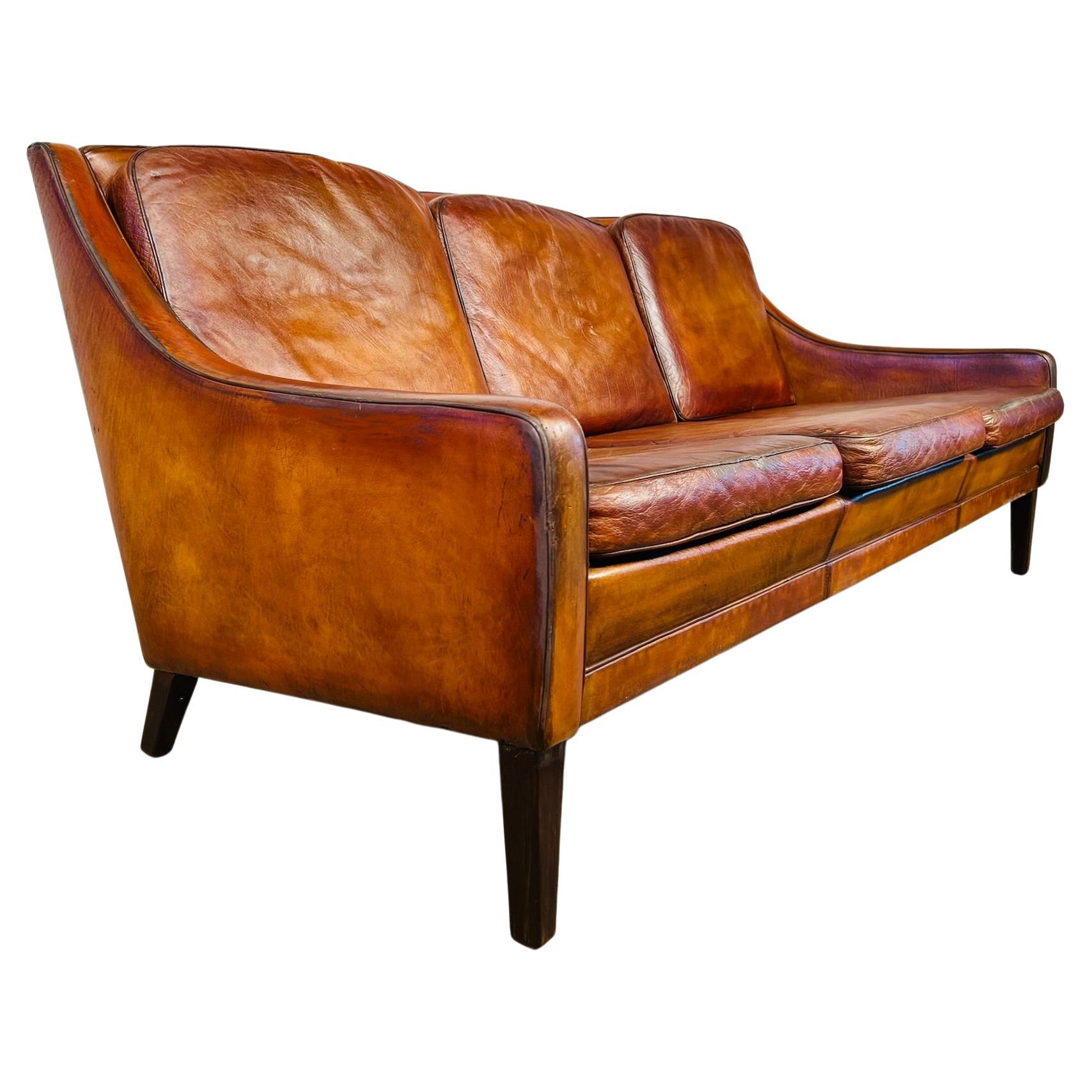 Vintage Danish 1970 s Patinated Tan Three Seater Leather Sofa #499 en vente