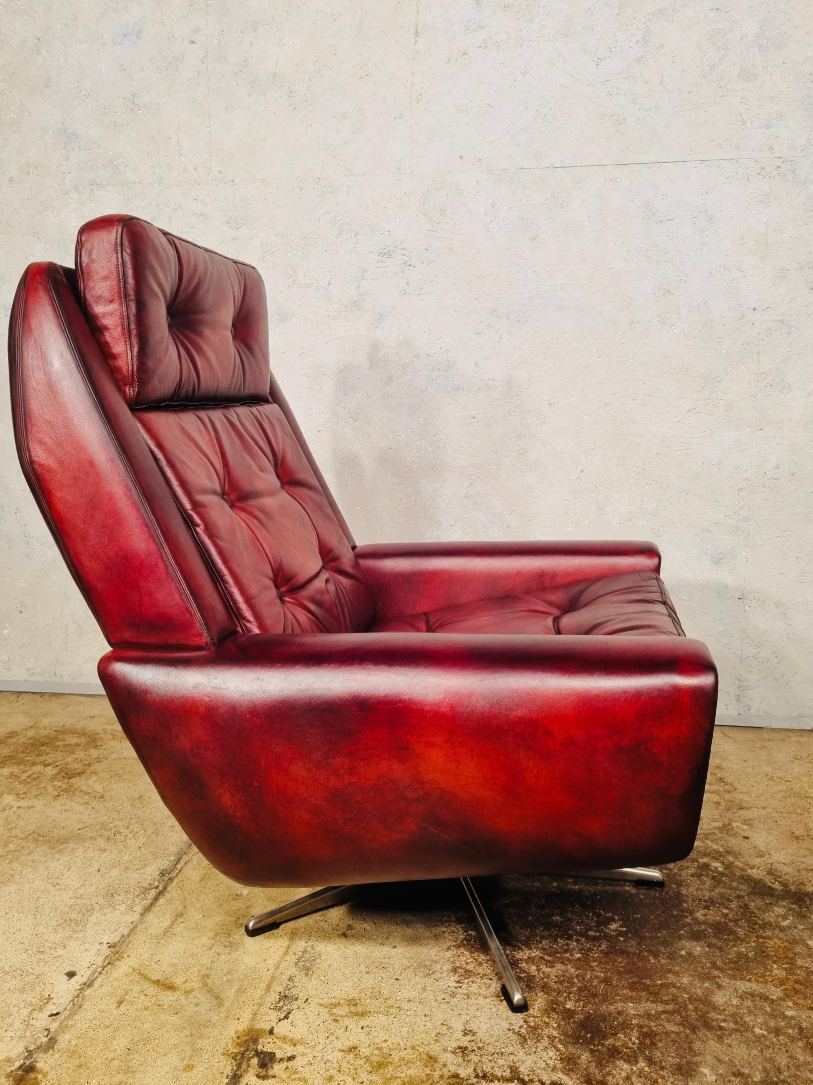 Leather Vintage Danish 1970 Swivel Armchair Patinated Deep Red #660