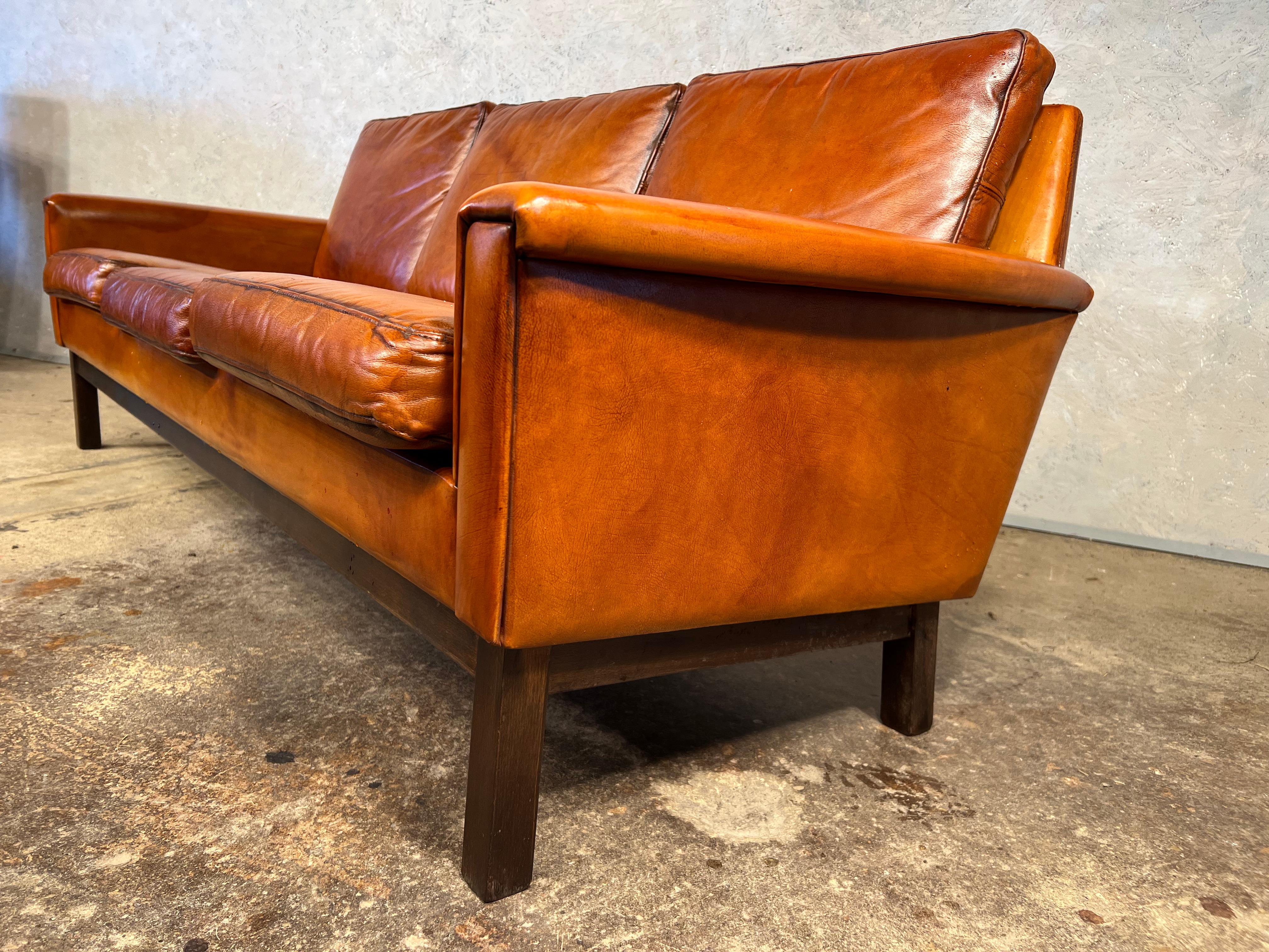 20th Century Vintage Danish 70s Mid-Century Light Tan Three Seater Leather Sofa #561