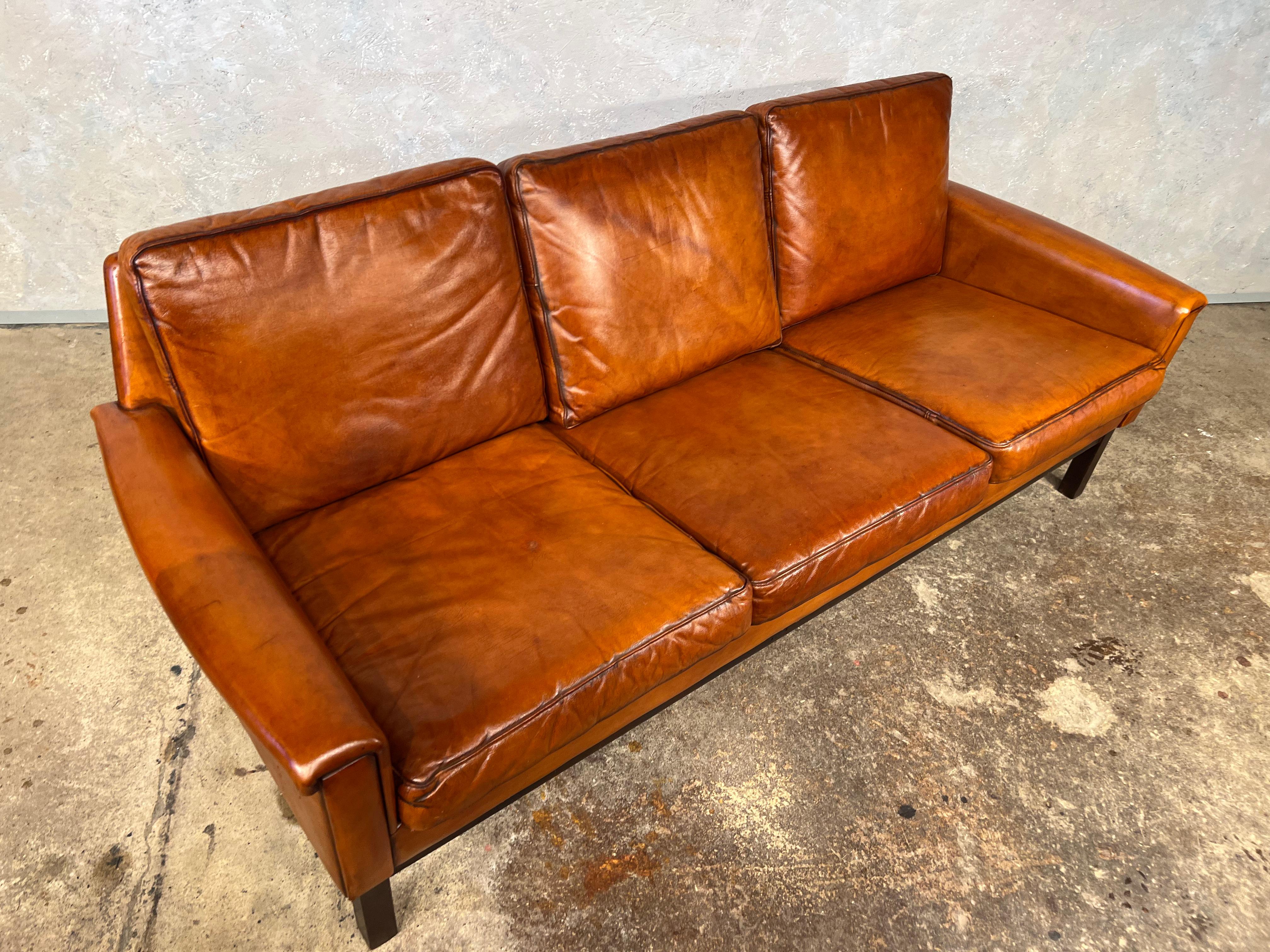 Vintage Danish 70s Mid-Century Light Tan Three Seater Leather Sofa #561 2