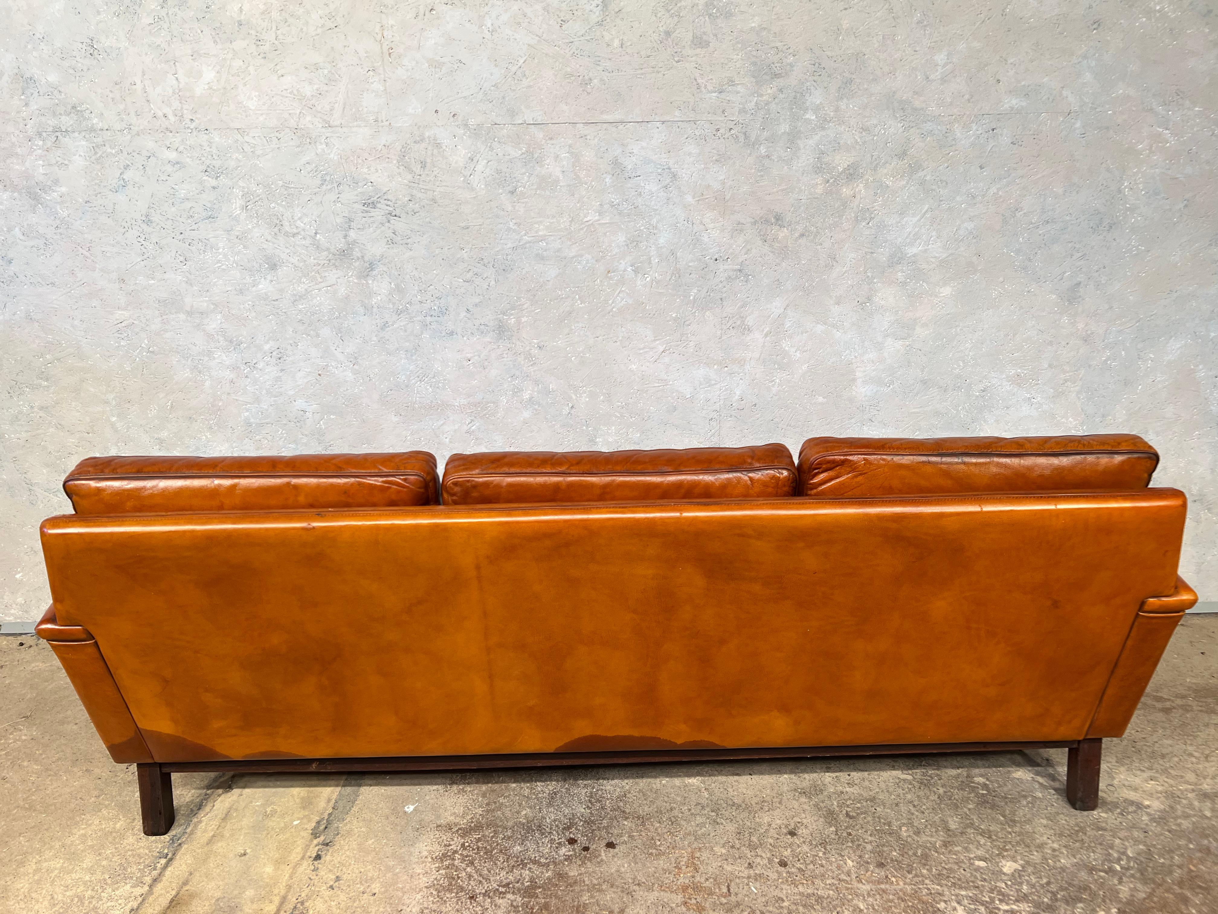 Vintage Danish 70s Mid-Century Light Tan Three Seater Leather Sofa #561 3