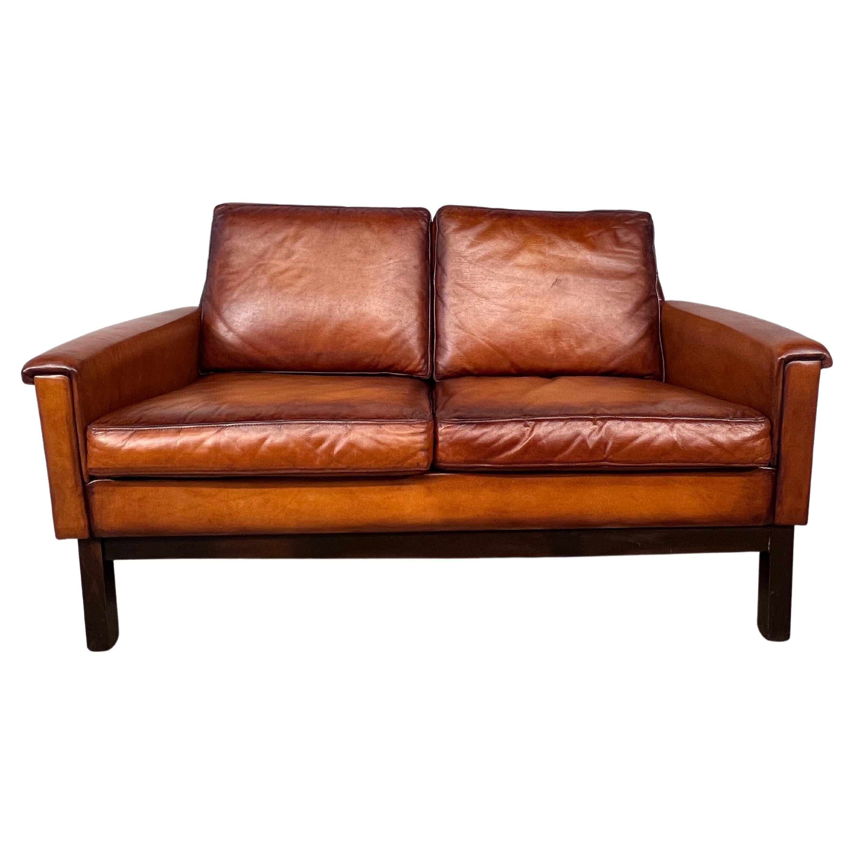 Vintage Danish 70s Mid-Century Light Tan Two Seater Leather Sofa #547 For Sale