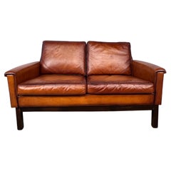 Vintage Danish 70s Mid-Century Light Tan Two Seater Leather Sofa #547