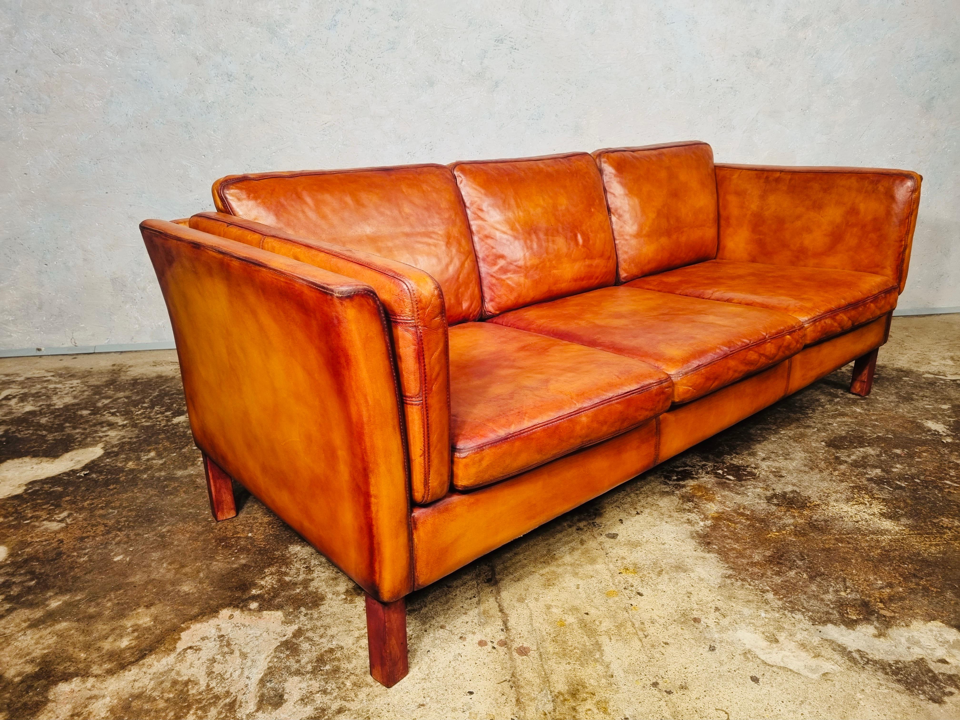 Vintage Danish 70s Patinated Light Tan 3 Seater Leather Sofa # 698 4