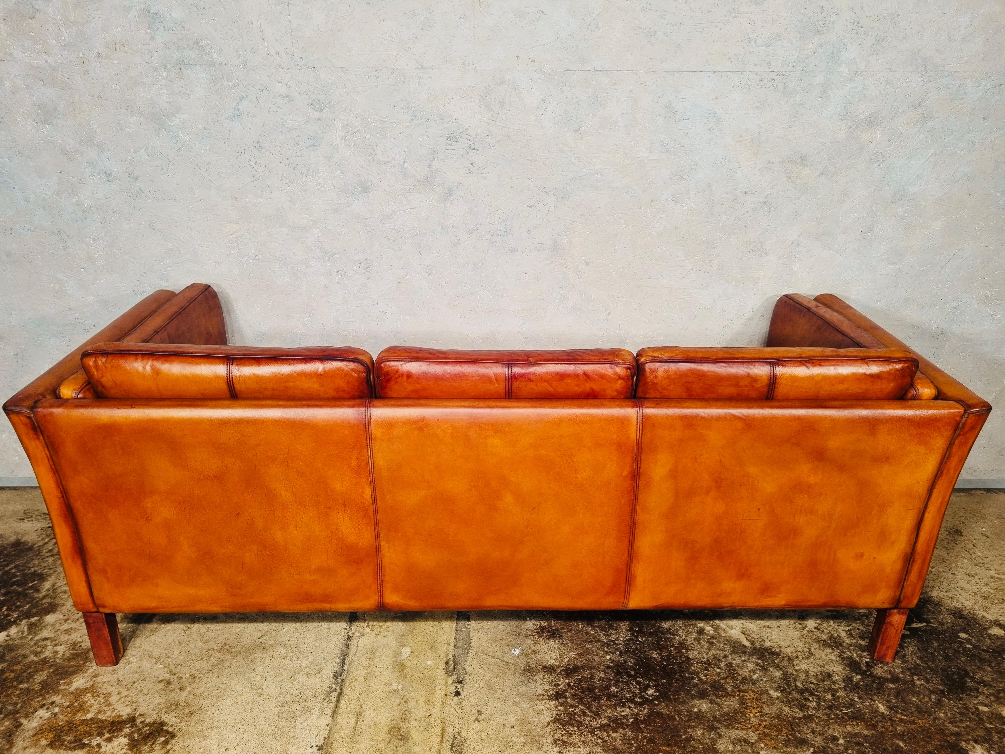 Vintage Danish 70s Patinated Light Tan 3 Seater Leather Sofa # 698 5