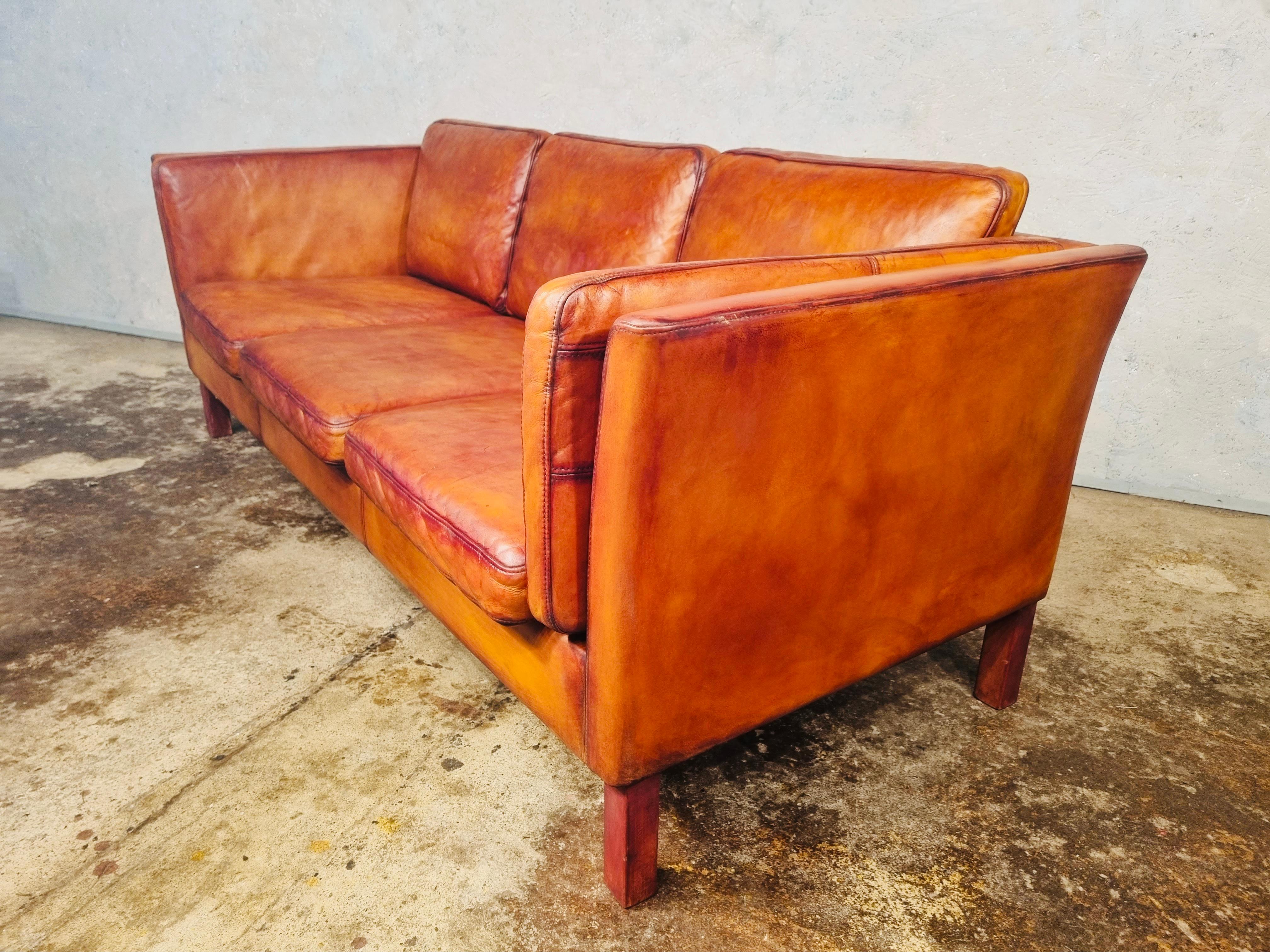 20th Century Vintage Danish 70s Patinated Light Tan 3 Seater Leather Sofa # 698
