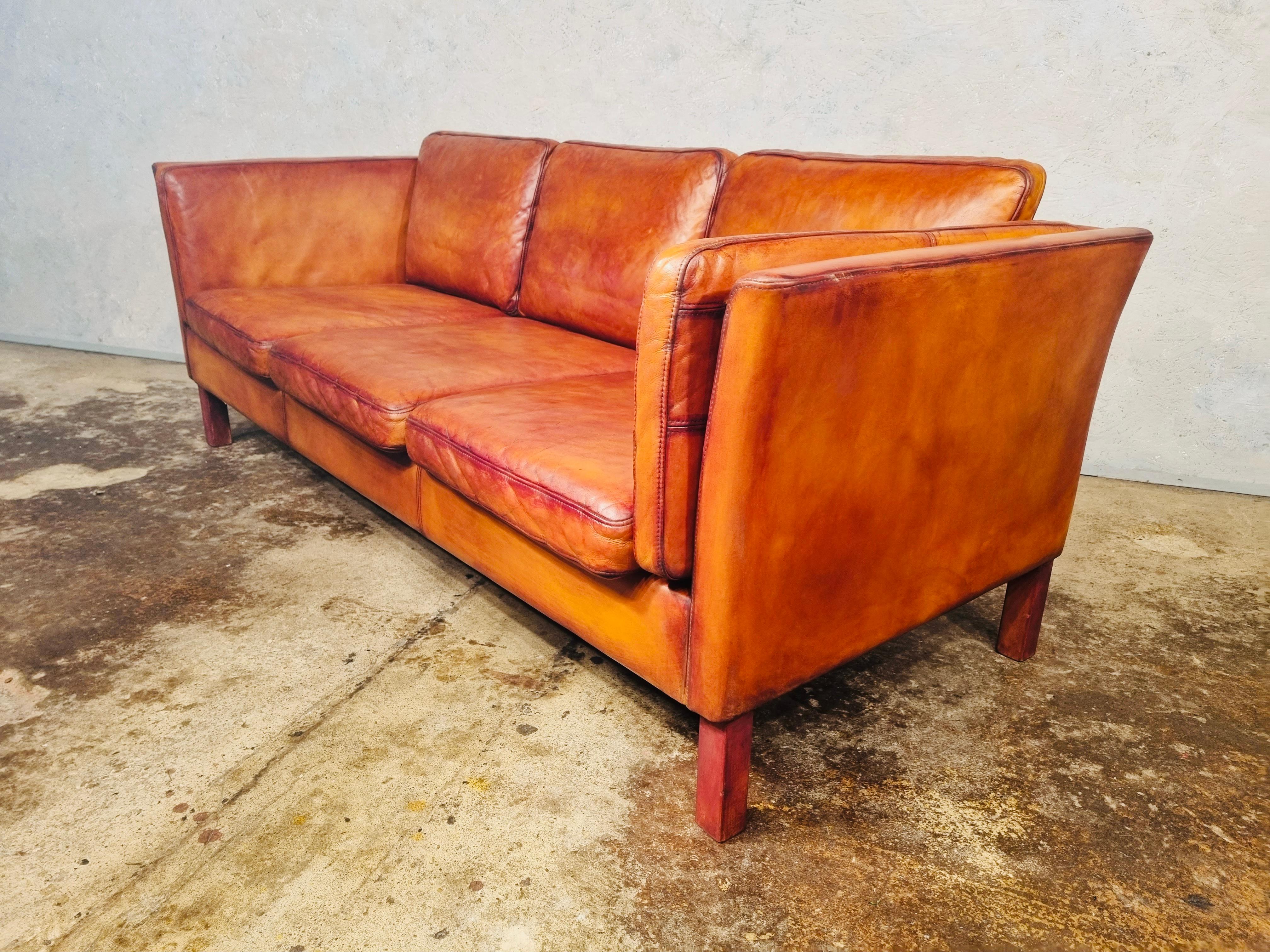 Vintage Danish 70s Patinated Light Tan 3 Seater Leather Sofa # 698 1