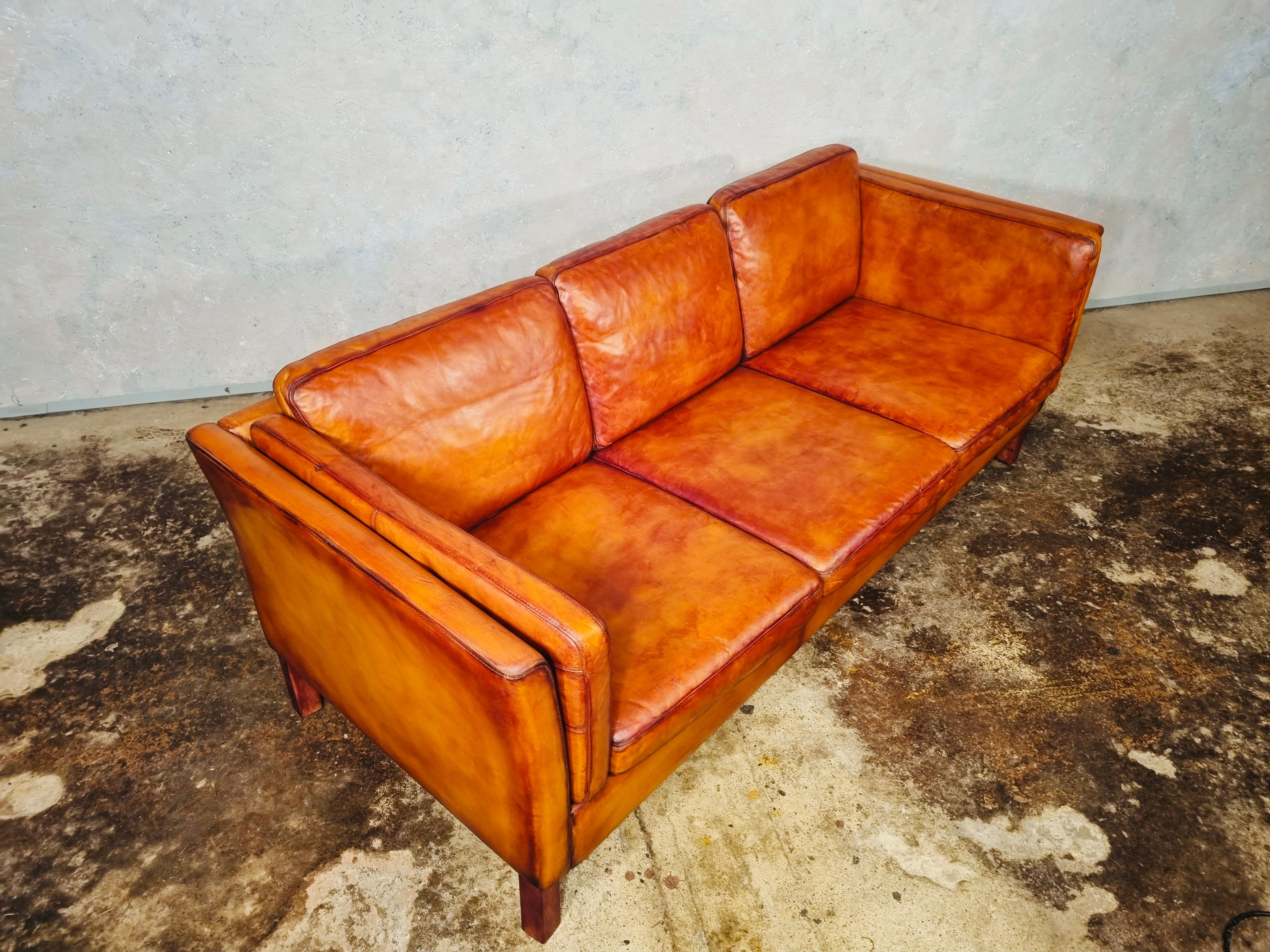 Vintage Danish 70s Patinated Light Tan 3 Seater Leather Sofa # 698 2