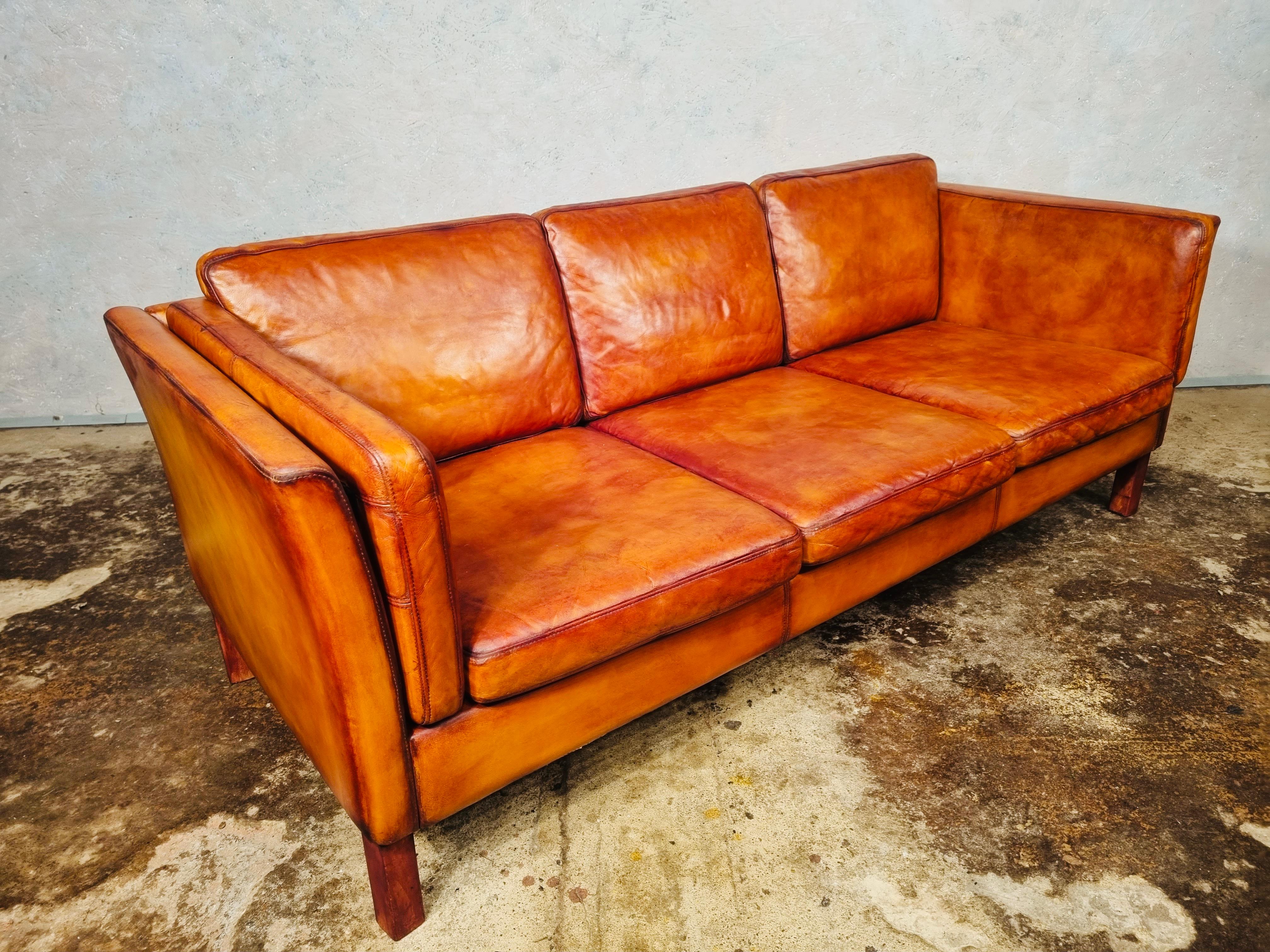 Vintage Danish 70s Patinated Light Tan 3 Seater Leather Sofa # 698 3