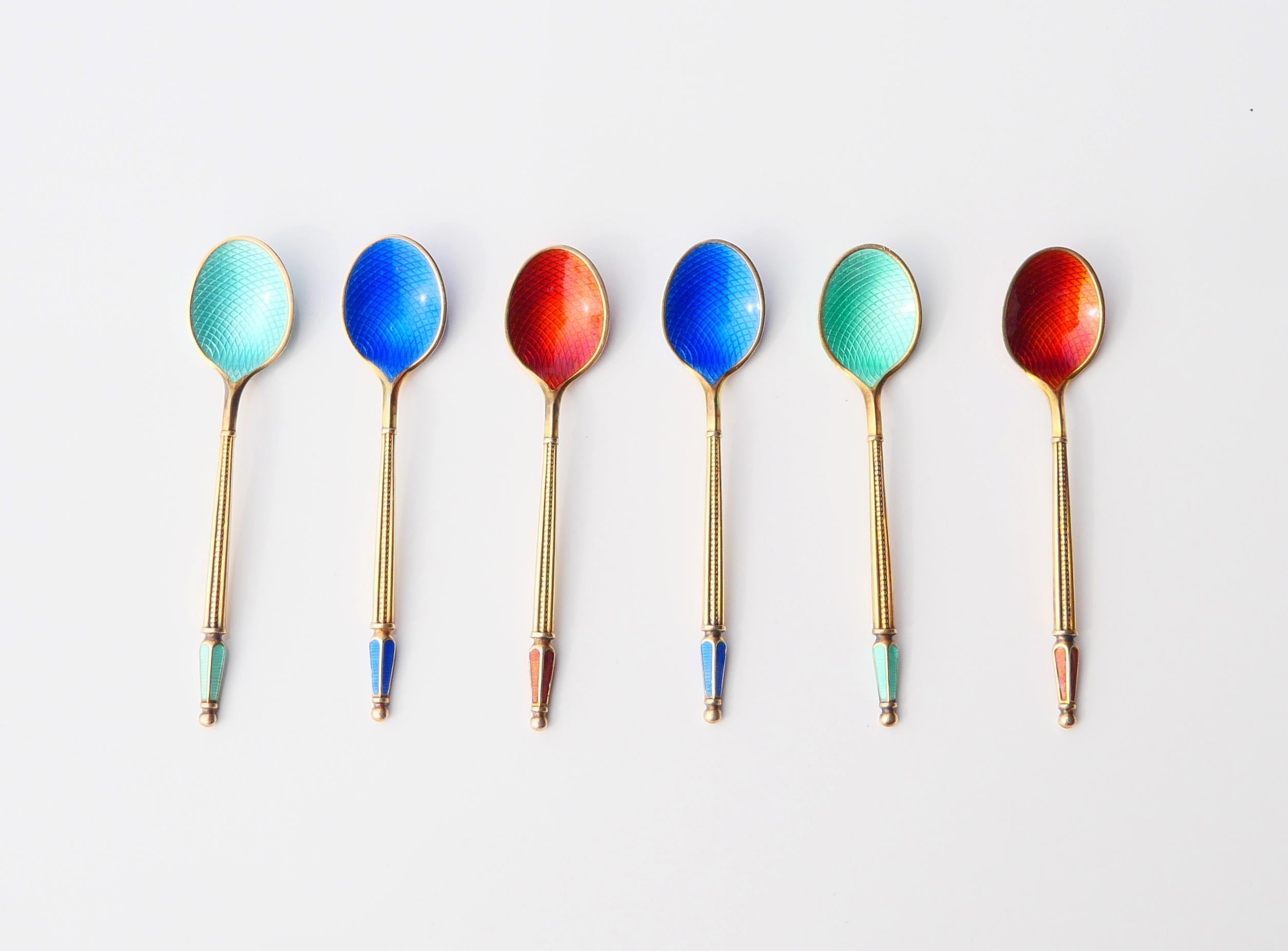 Retro Vintage Danish A.Michelsen Set Ice-cream 6 Spoons Enamel 925 Silver/ 42gr For Sale