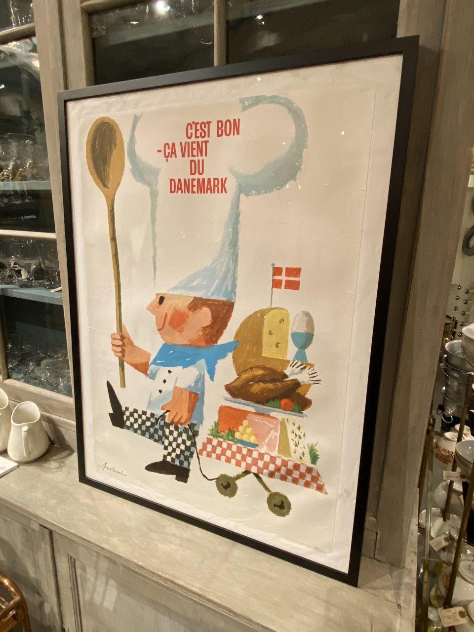 Vintage Danish advertising poster, found in a flea market in the South of France. Designed by the renowned Danish sketcher, poster artist and graphic designer Ib Antoni Jensen (1929-73), who is also known for his posters for Tivoli in Copenhagen.