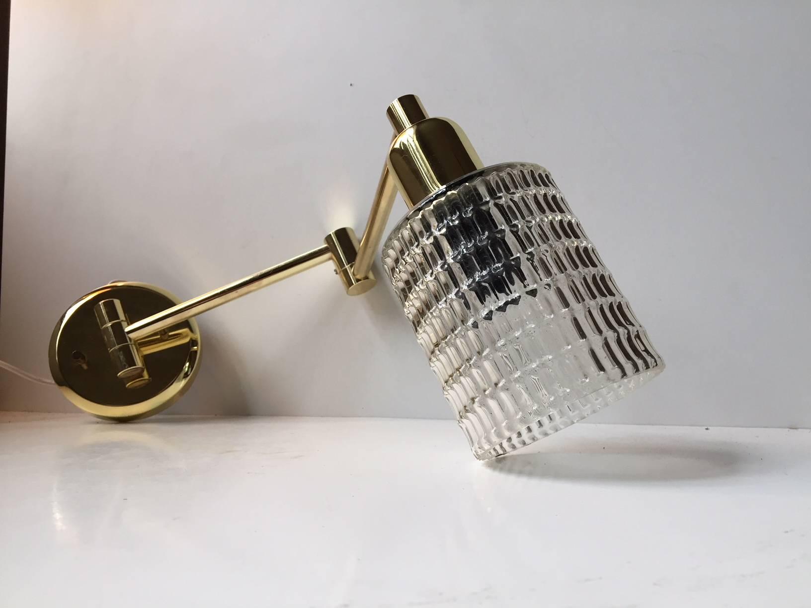 Mid-Century Modern Vintage Danish Anglepoise Brass and Glass Wall Lamp from ABO, 1980s